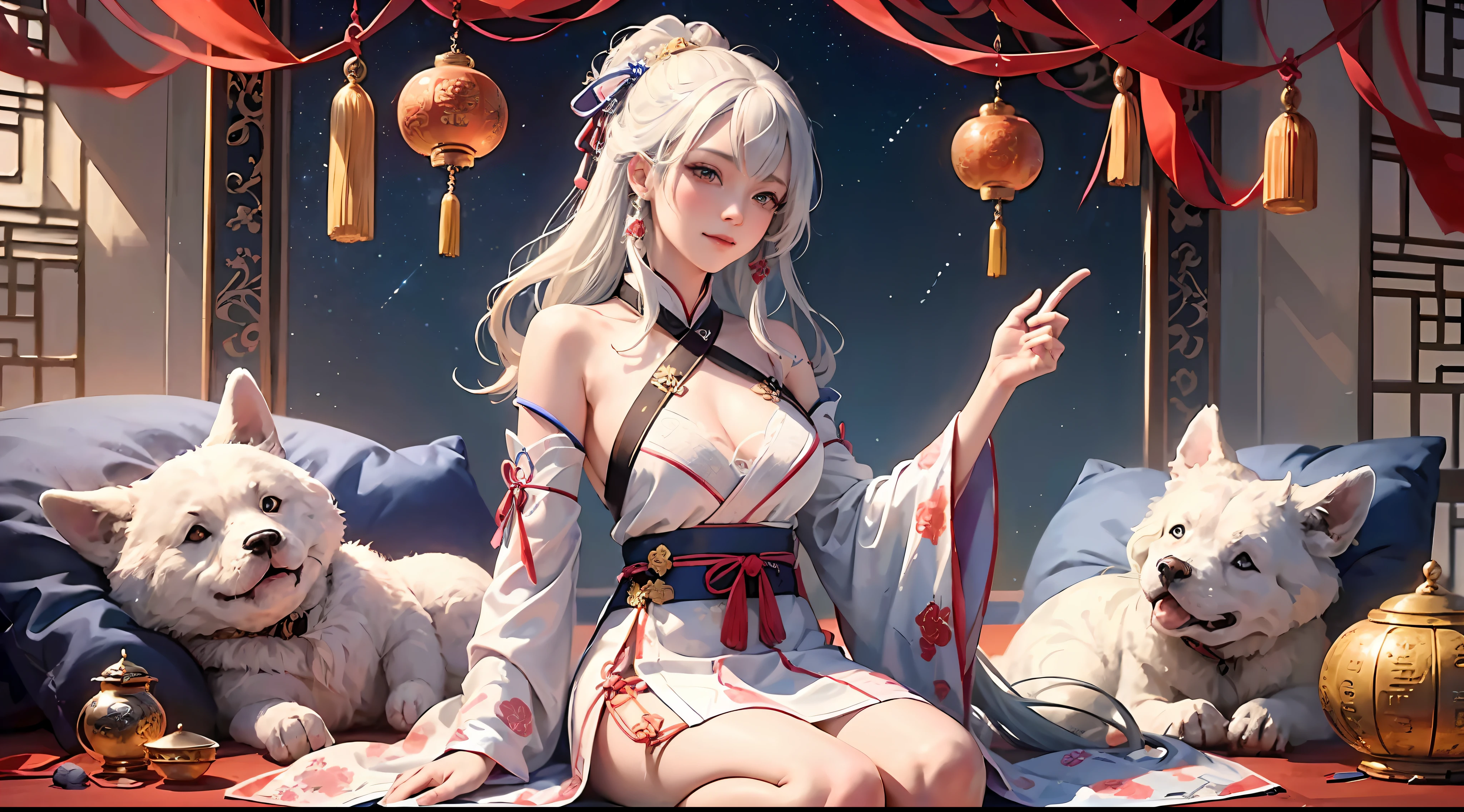 Official Art, Unified 8K Wallpapers, Ultra Detailed, Beautiful and Aesthetic, Masterpiece, Best Quality, (Zentangle, Tangle, Entangle), (fractal art: 1.4), 1girl, white hair, Chinese, kimono, showing milk, bare shoulders, very detailed, dynamic angle, cowboyshot, (most beautiful form of chaos), flowing, (bright colors), oc, sitting on a futon, beside you, china, (thangka flying sky: 1.5), (ribbon: 1.3), (dream: 1.5), (hanfu: 1.5), (smile: 0.5), (Chinese deity), --auto --s2