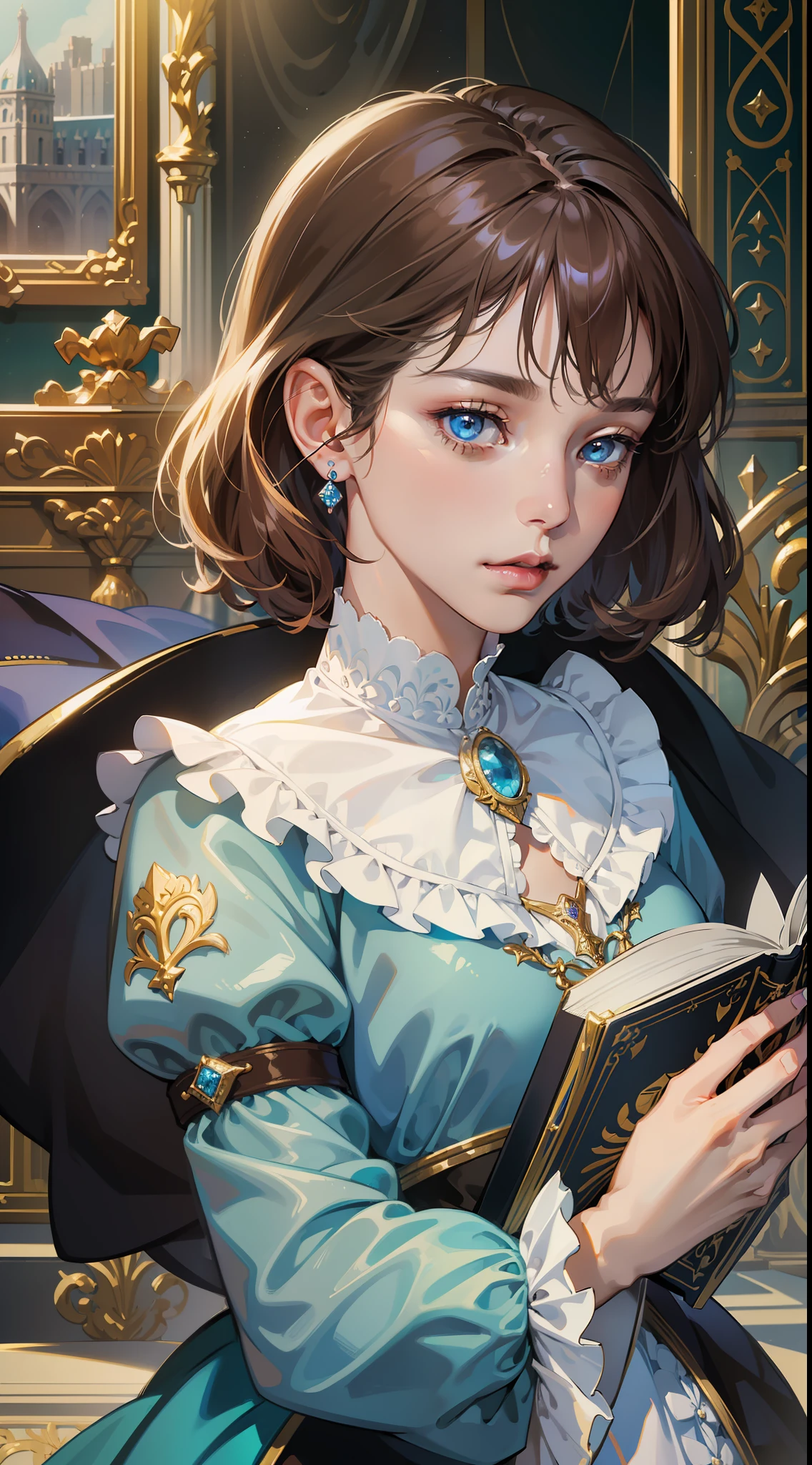 kk, best quality, more details, masterpiece, 1 girl, portrait, female focus, blue eyes like diamonds, solo, bangs, look at the viewer, frilly shirt, short hair, (((fantasy city, palace))), highlights, holding a magic spell book, brown hair, wavy, luxurious, 8k, detailed, ray tracing, depth of field, cinematic lighting,