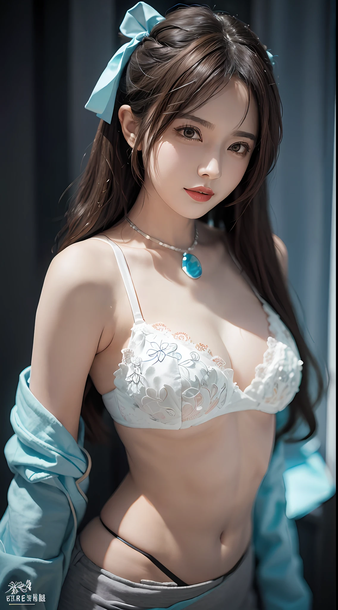 1女孩文咏珊， bare_shoulders， black_hair， 乳房， brown_eyes，， 耳环， 珠宝， 嘴唇， long_hair， looking_at_viewer， medium_breasts， 肚脐， O形圈， parted_lips， pelvic_curtain， red_lips， revealing_clothes， 透视， 坐着， 独奏， white_bra，