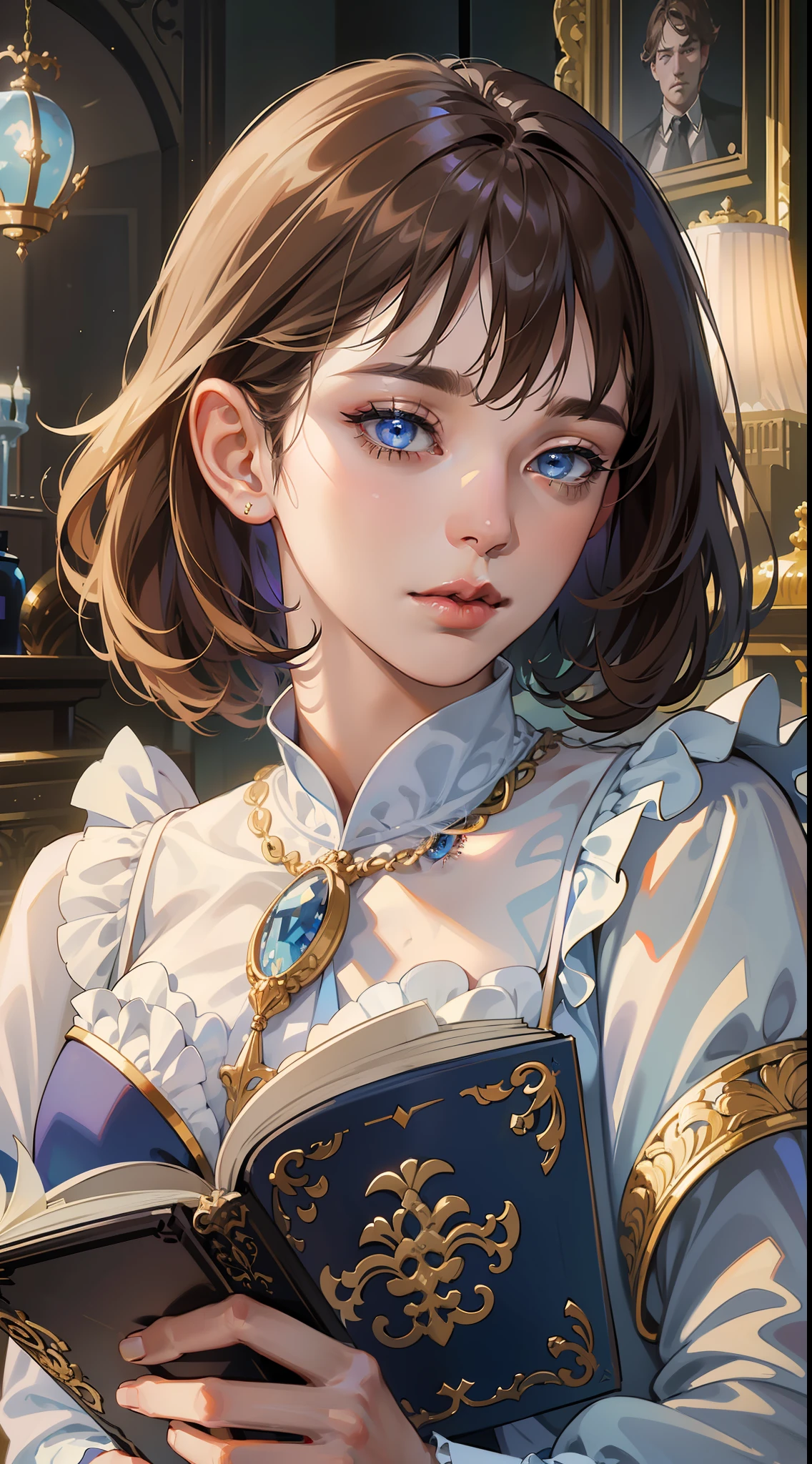 kk, best quality, more details, masterpiece, 1 girl, portrait, female focus, blue eyes like diamonds, solo, bangs, look at the viewer, frilly shirt, short hair, (((fantasy city, palace))), highlights, holding a magic spell book, brown hair, wavy, luxurious, 8k, detailed, ray tracing, depth of field, cinematic lighting,