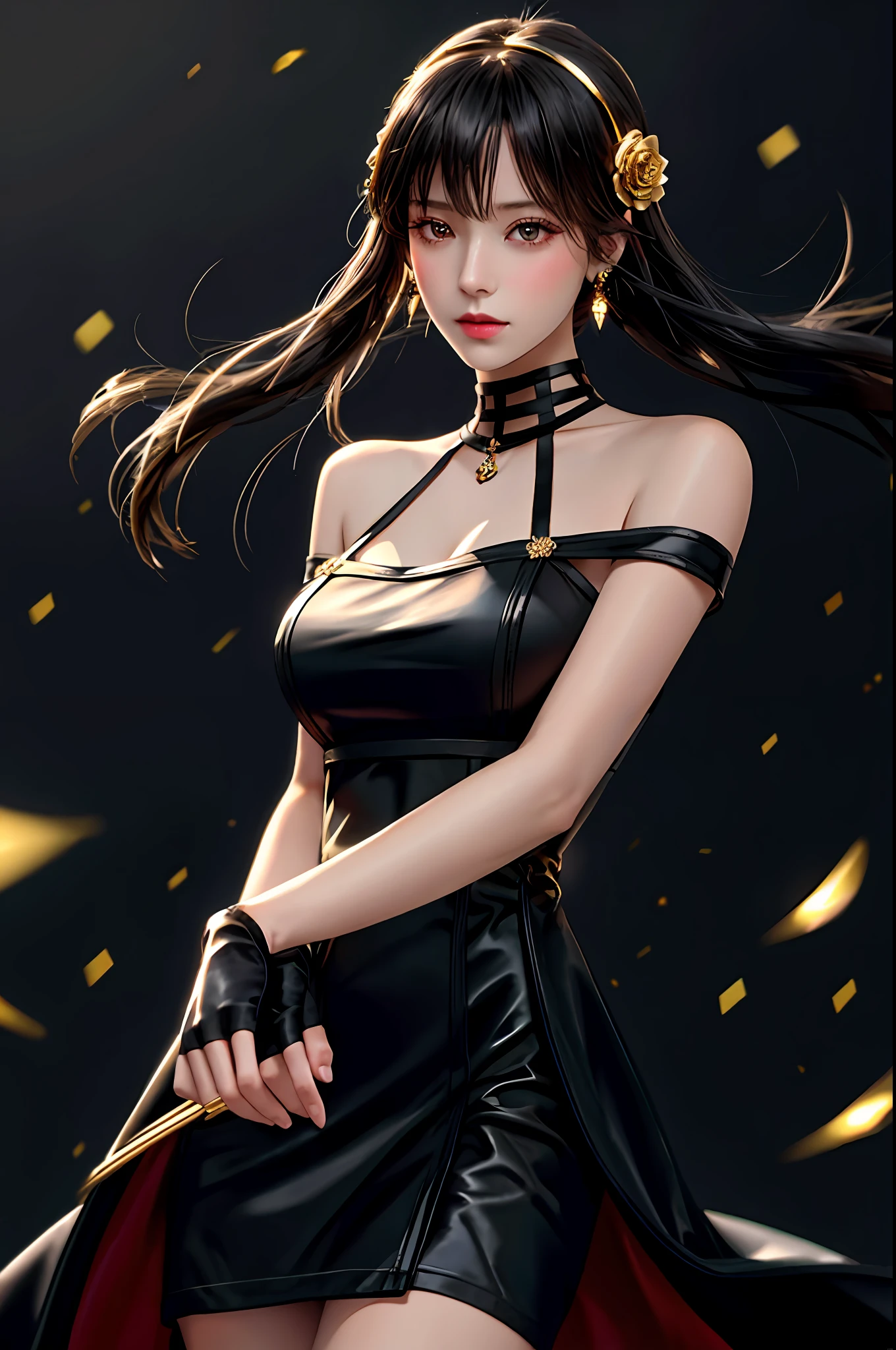 yor briar, (photorealistic), beautiful girl,
backlighting, bare shoulders, black background, black dress, black gloves, black hair, breasts, closed mouth, cowboy shot, dress, earrings, expressionless, fingerless gloves, floating hair, gloves, gold earrings, gold hairband, hair flower, hair ornament, hairband, jewelry, large breasts, light particles, long hair, looking at viewer, off-shoulder dress, off shoulder, petals, red eyes, short hair with long locks, sidelocks, solo, spikes, thighs, two-sided dress, two-sided fabric
, ((masterpiece))