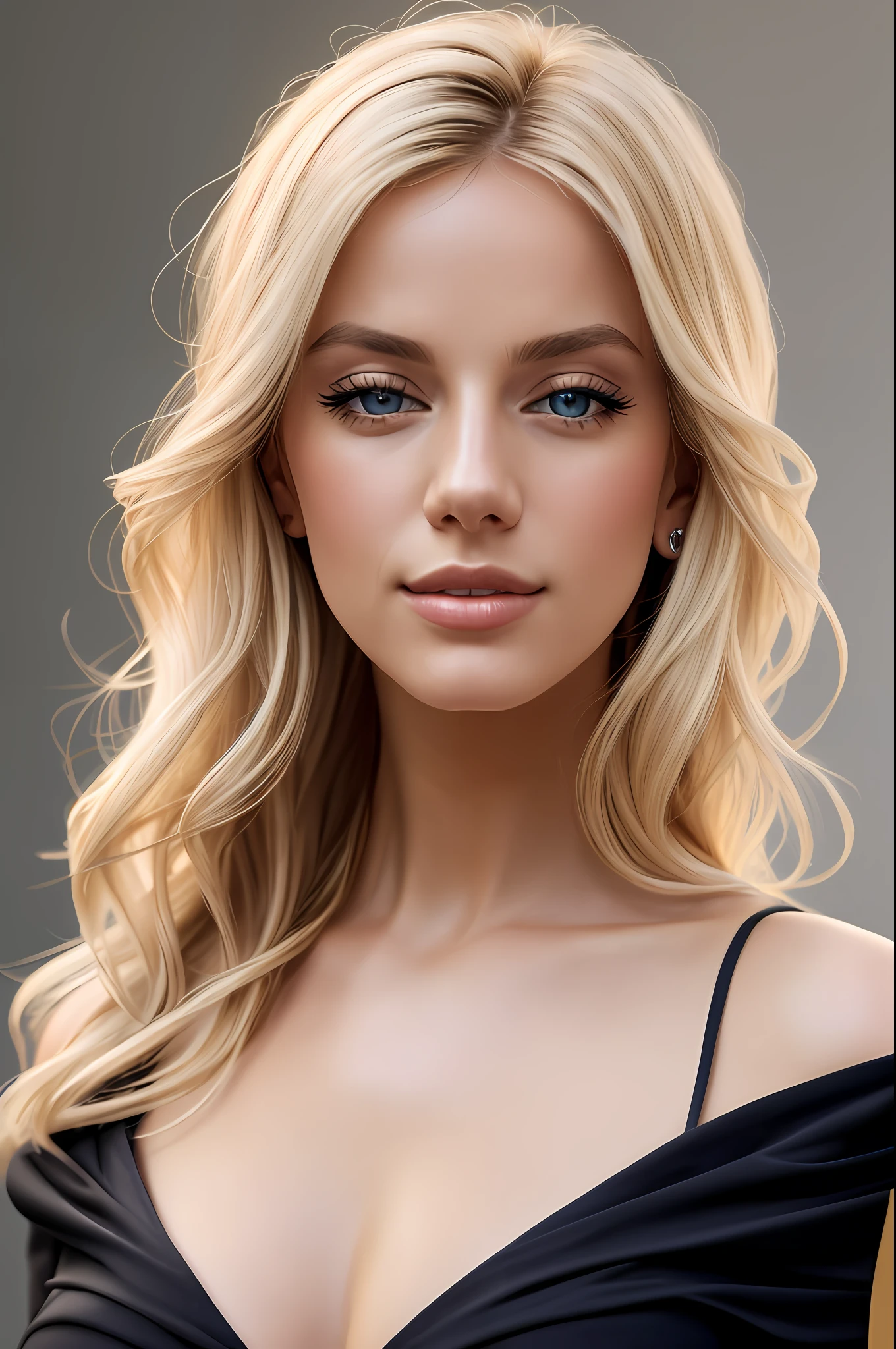 Photo of a British blonde woman as a star, model shooting style, (very detailed CG unit 8k wallpaper), complex, high detail, clear focus, smile, midway and realistic painting art by Greg Rutkowski, (current chest above), (wearing off-the-shoulder clothes)), ((studio photo)), ((clean background)), (looking at the audience), (detailed pupil: 1.2), (soft light: 1.3) bright