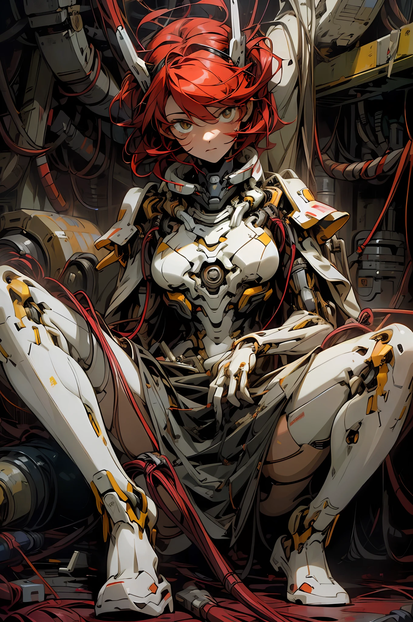 (masterpiece, top quality, best quality, official art, beautiful and aesthetic:1.2), (1girl:1.3), extreme detailed,colorful,highest detailed ((ultra-detailed)), (highly detailed CG illustration), ((an extremely delicate and beautiful)),looking at viewers, red hair, cinematic light,1girl,solo,full body,(mechanical vertebra attaching to back),((mechanical cervial attaching to neck)),(sitting),expressionless,(wires and cables attaching to neck:1.2),(wires and cables on head:1.2)(character focus),science fiction, in factory, blood,