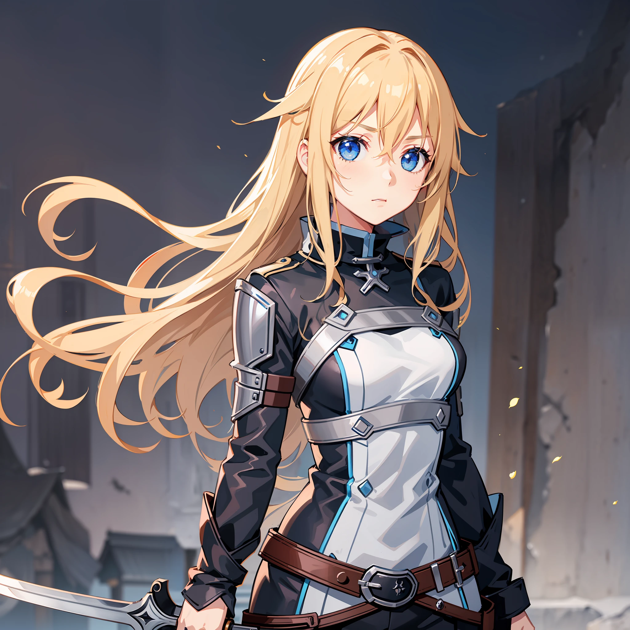 ,girl with blonde hair, blue eyes,wearing kirito clothes,sword art characters online