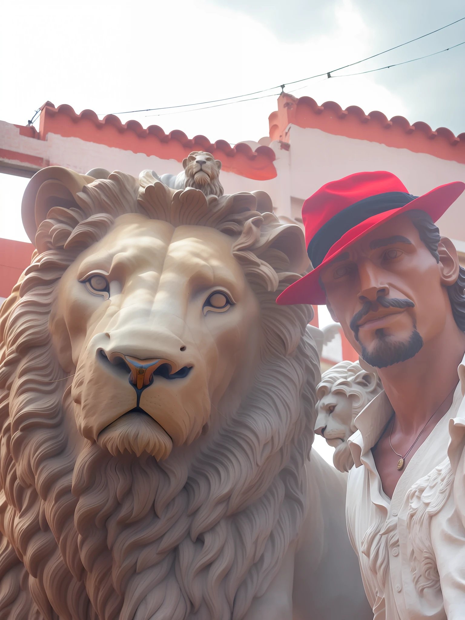 there is a man standing next to a statue of a lion, the man riding is on the lion, taken with sony alpha 9, king of the jungle, very artistic, diego 5, eloy morales, lion head, very very low quality picture, by Alejandro Obregón, lions, victor maristane, foto realista, by Milton Menasco