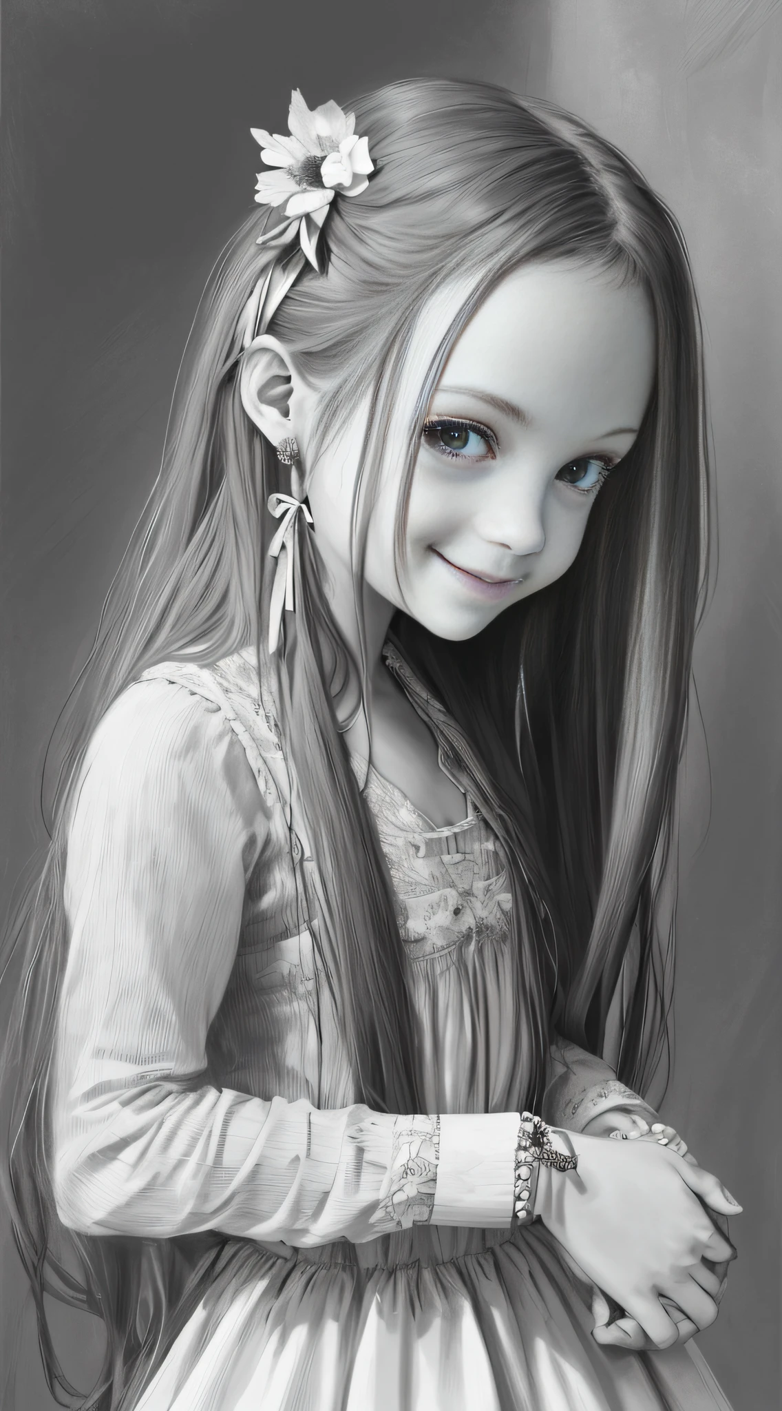 masterpiece, best quality, 1girl, solo, long_hair, looking_at_viewer, smile, dress, ribbon, jewelry, very_long_hair, hair_ribbon, flower, bracelet, two_side_up, hand_on_own_face, head_rest, hand_on_own_cheek, lineart, monochrome,