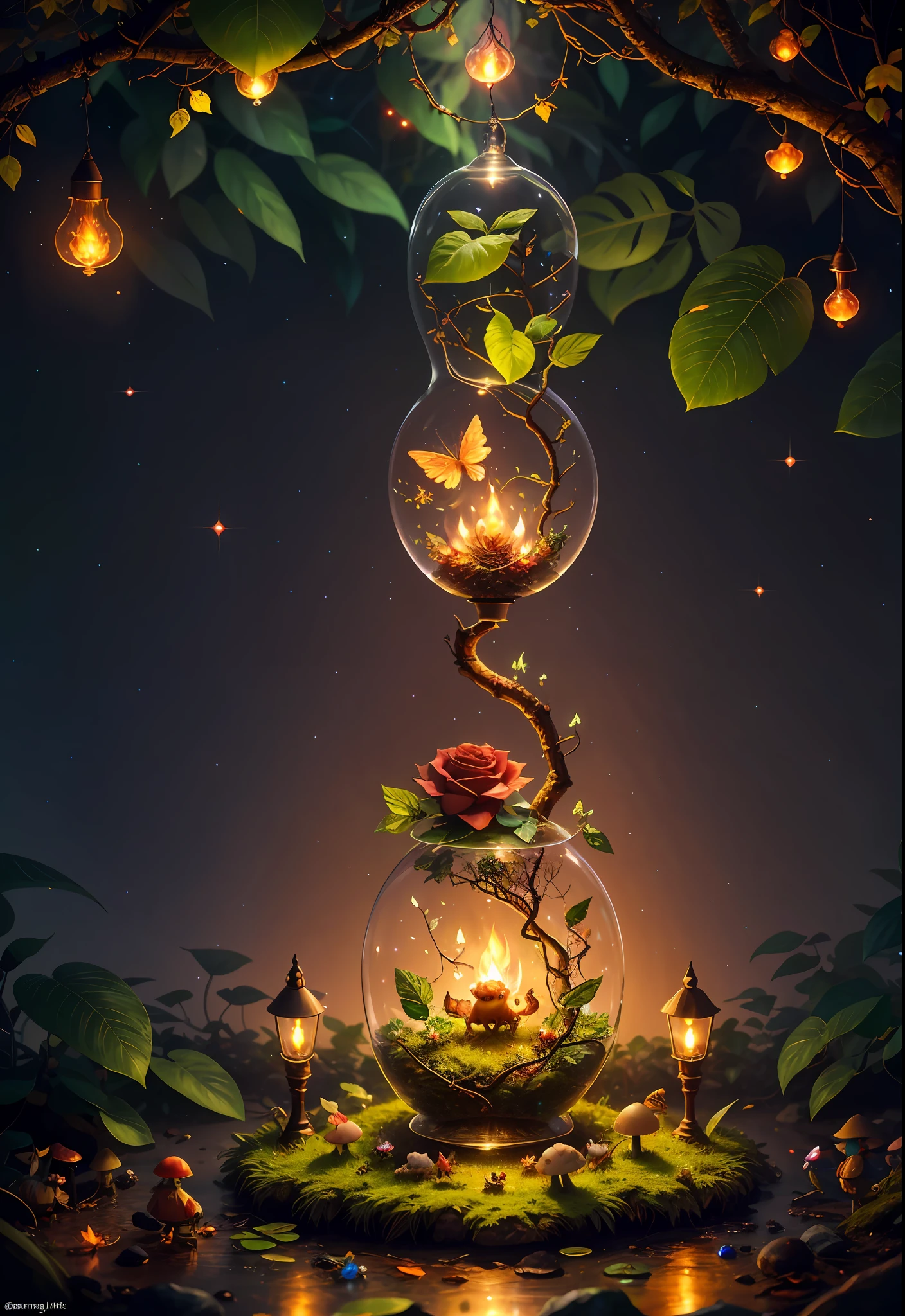 Fantasy in a glass, "ethereal roses, cute animals, glowing little mushrooms surrounded by delicate leaves and branches, and fireflies and glowing particle effects", (natural elements), (jungle theme), (leaves), (branches), (fireflies), butterflies, (delicate leaves), (glow), (particle effects), super realistic, super detailed, dramatic lightning, 4k, masterpiece,