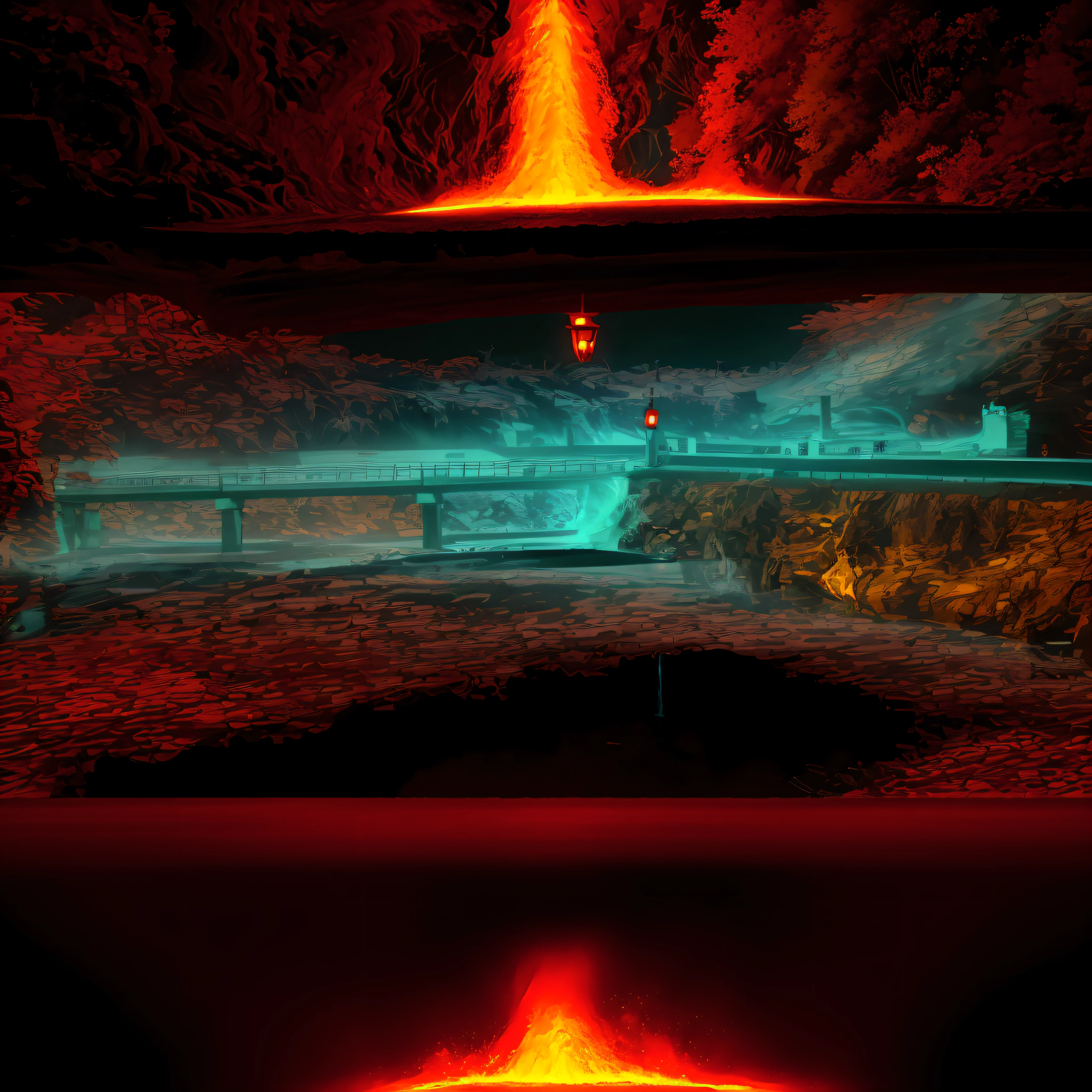 The entire bridge is surrounded by magma, as if gushing out of a pond.