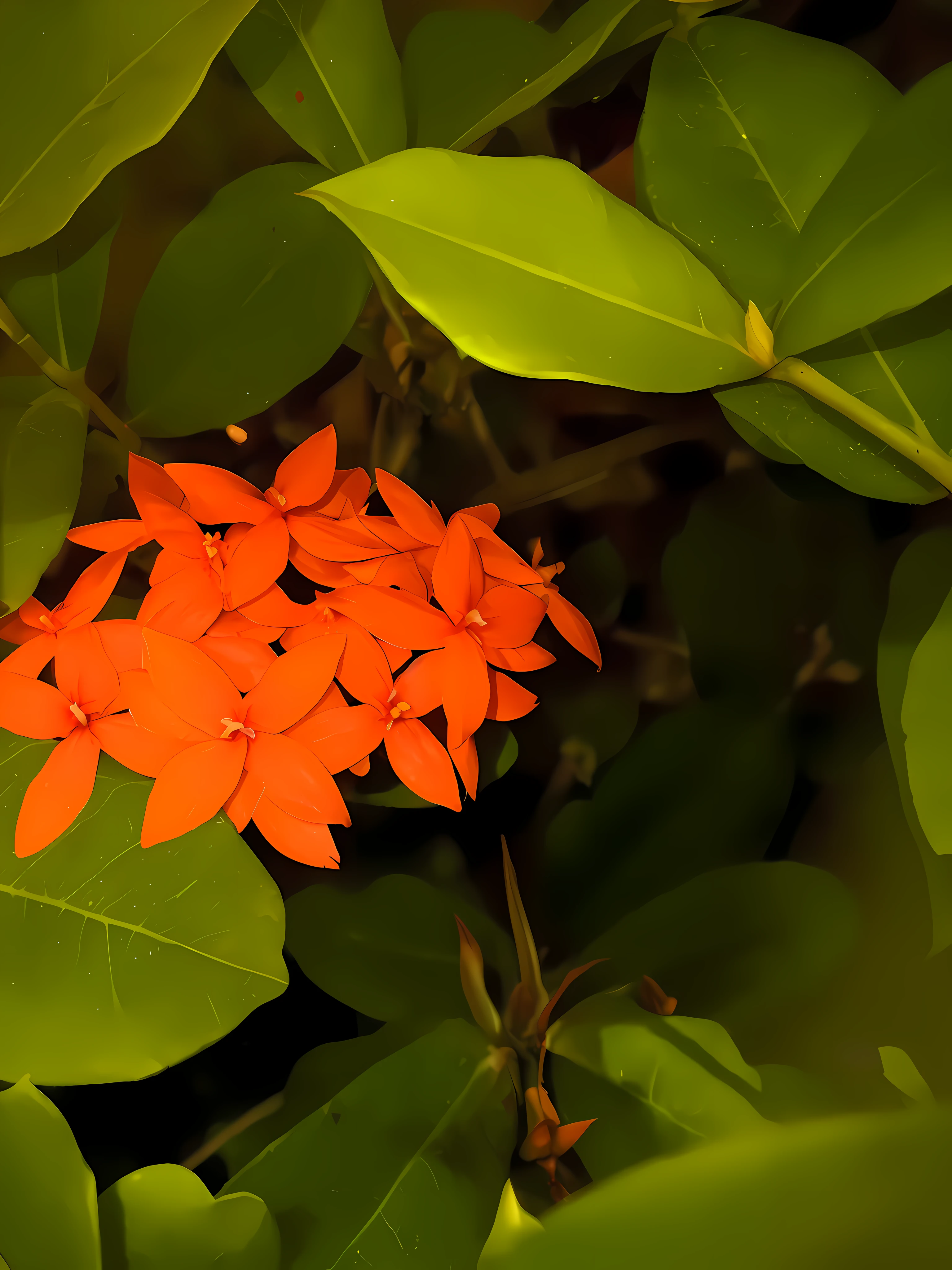 there is a small red flower that is growing on a tree, orange flowers, blooming tropical flowers, red flowers, tropical flowers, tropical flower plants, subtropical flowers and plants, red blooming flowers, flowers and foliage, often described as flame-like, red flower, taken with a canon dslr camera, lush garden leaves and flowers, glowing red, beautiful tropical flowers