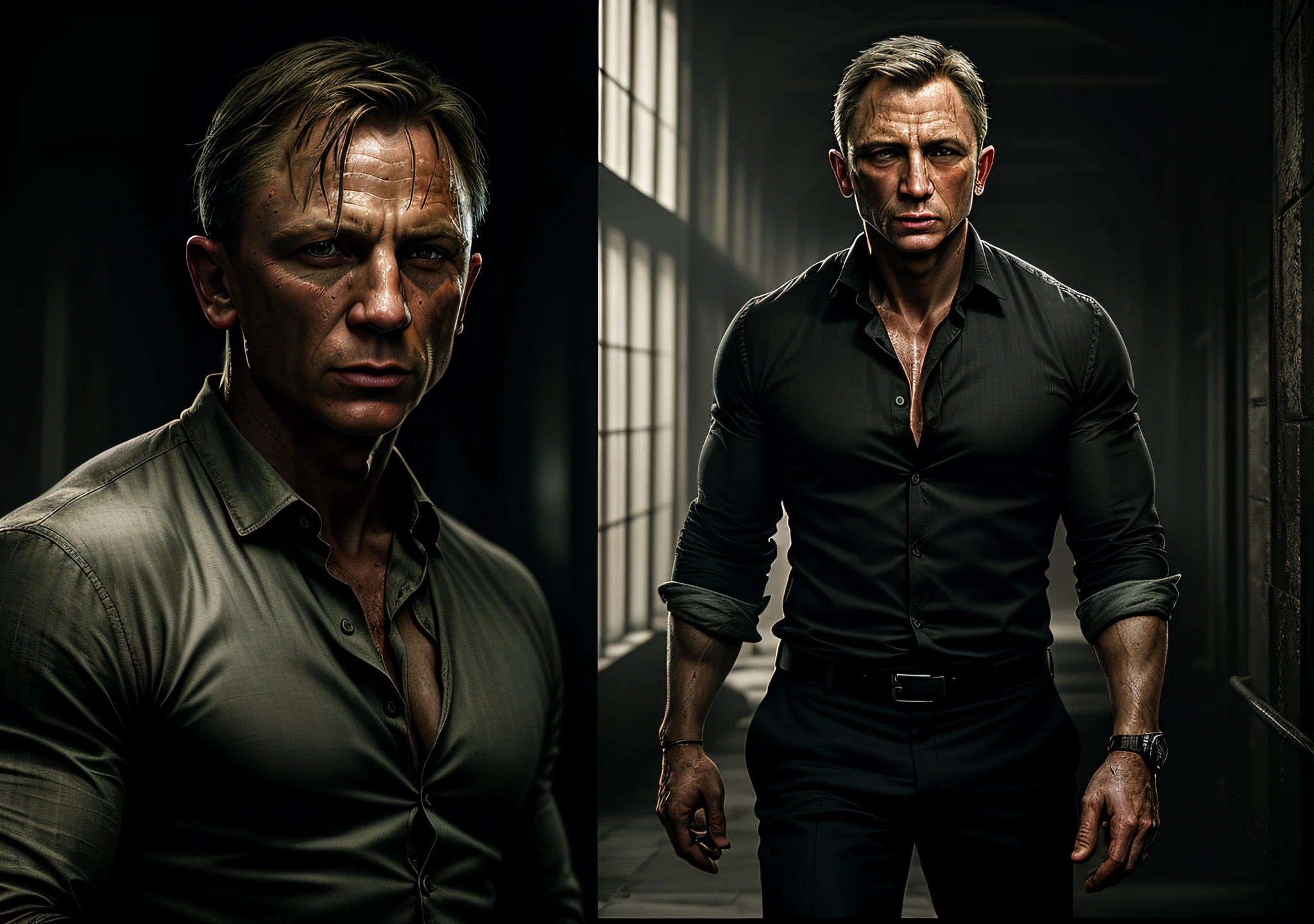 Daniel Craig, dark: realistic epic, soft cinematic portrait, adobe lightroom, photographic lab, highly detailed, faded, (neutral colors: 1.2), (hdr: 1.4), (soft colors:1.2), hyperdetailed, (artstation:1.4), cinematic, warm lights, dramatic light, (intricate details:1.1), complex background, (rutkowski:0.66), (blue and orange:0.4)