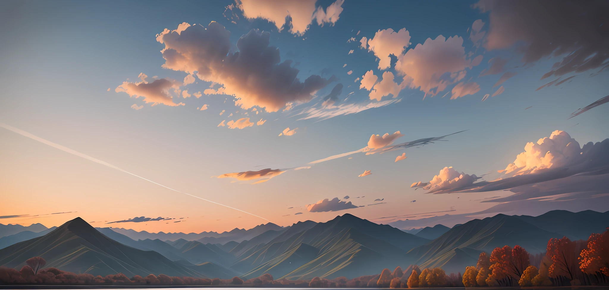 Empty outdoor scene Dusk Chinese wind, mountains, dusk, sunset, falling leaves, water surface, sunset, tree, more white space in the center of the picture, do not be the same tree,
