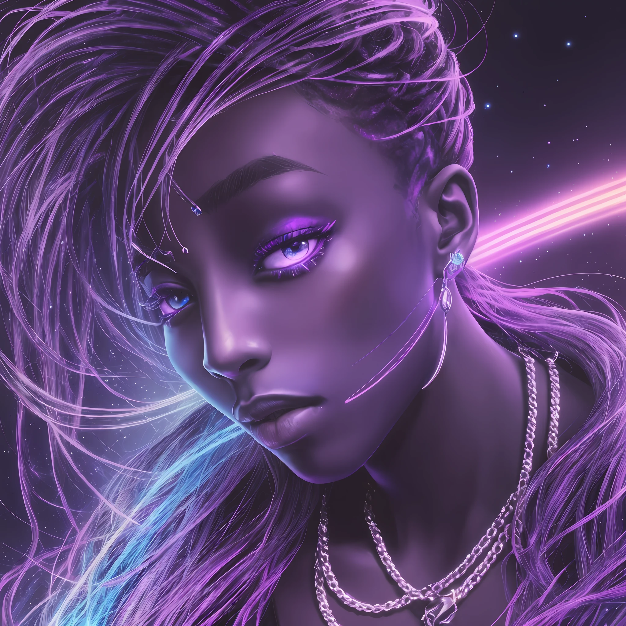 Young black, tupac, BLUE, reper, side photo, cosmic, lights, neon, graphite in lilac, eyes with ecfsic rays, decmarra face. Psychedelic style. --auto --s2