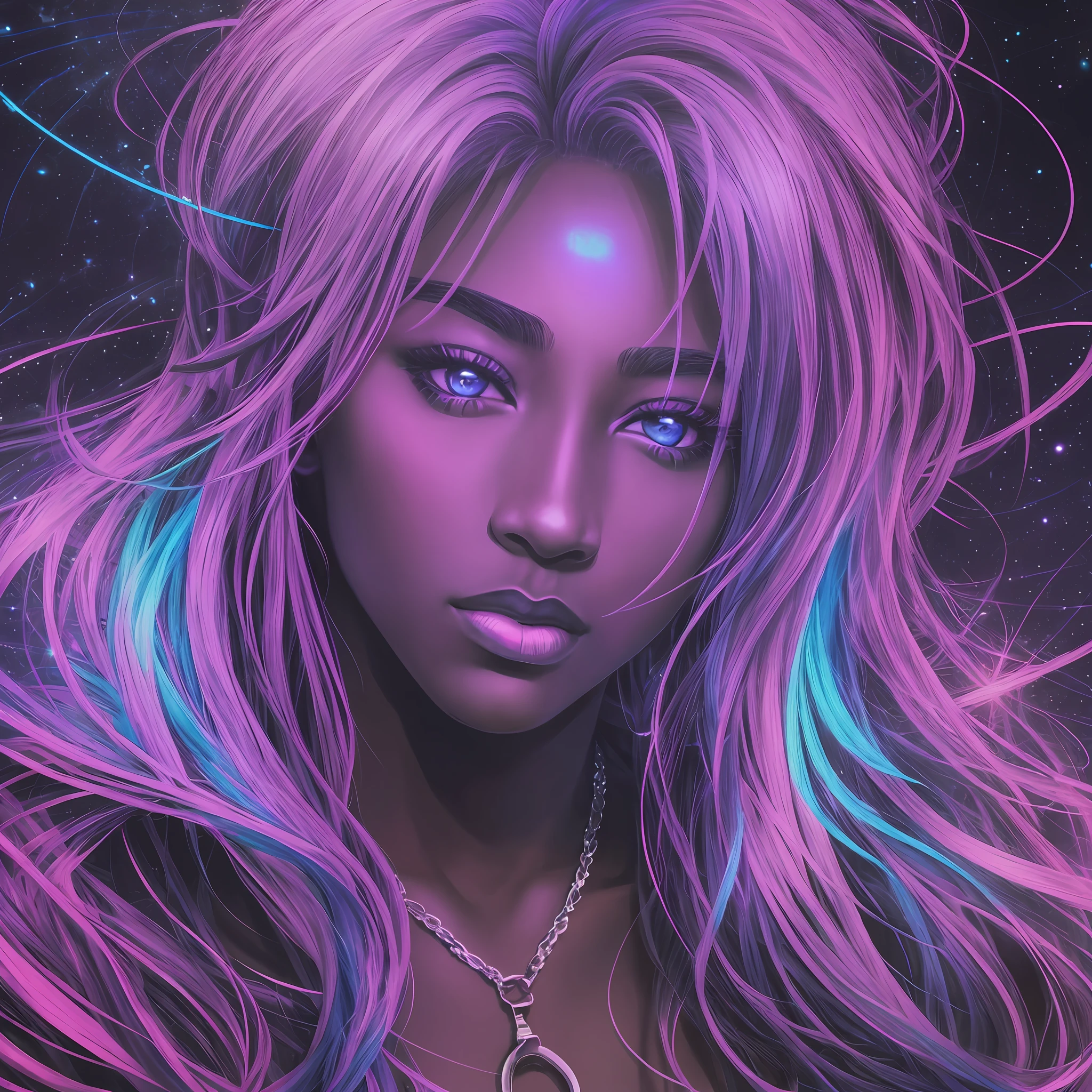 Young black, tupac, BLUE, reper, side photo, cosmic, lights, neon, graphite in lilac, eyes with ecfsic rays, decmarra face. Psychedelic style. --auto --s2