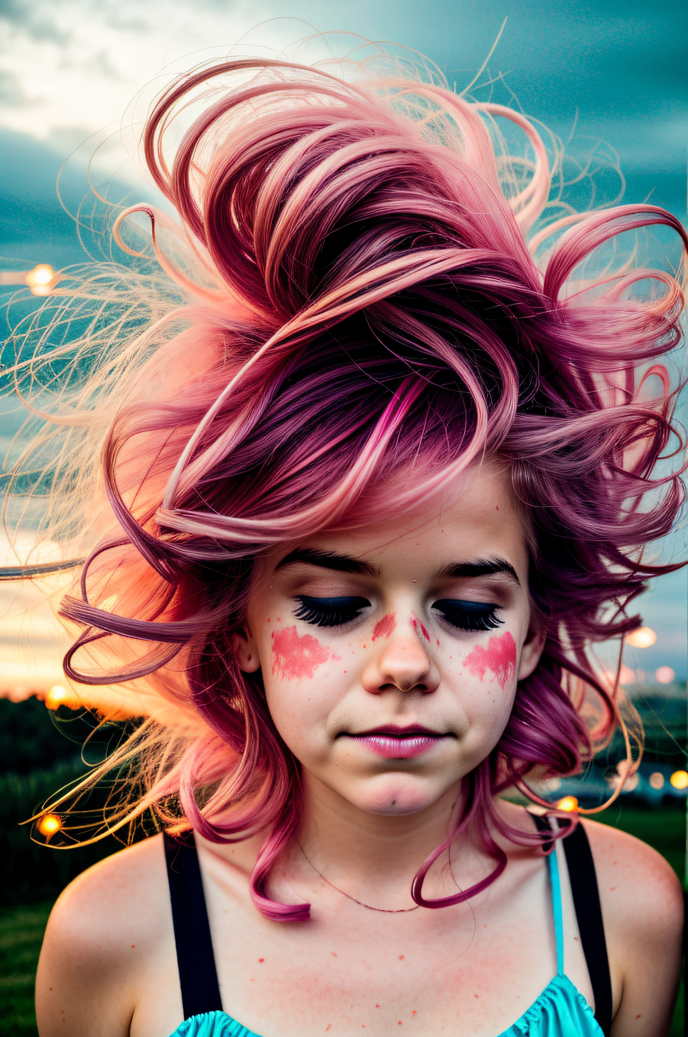 irish precious girl sleeping in foggy ferris wheel, nighttime, colorful lights, fireflies, closeup, cottoncandy, sunlit cottoncandy wild messy windy hair glistening, style of sally mann in color
