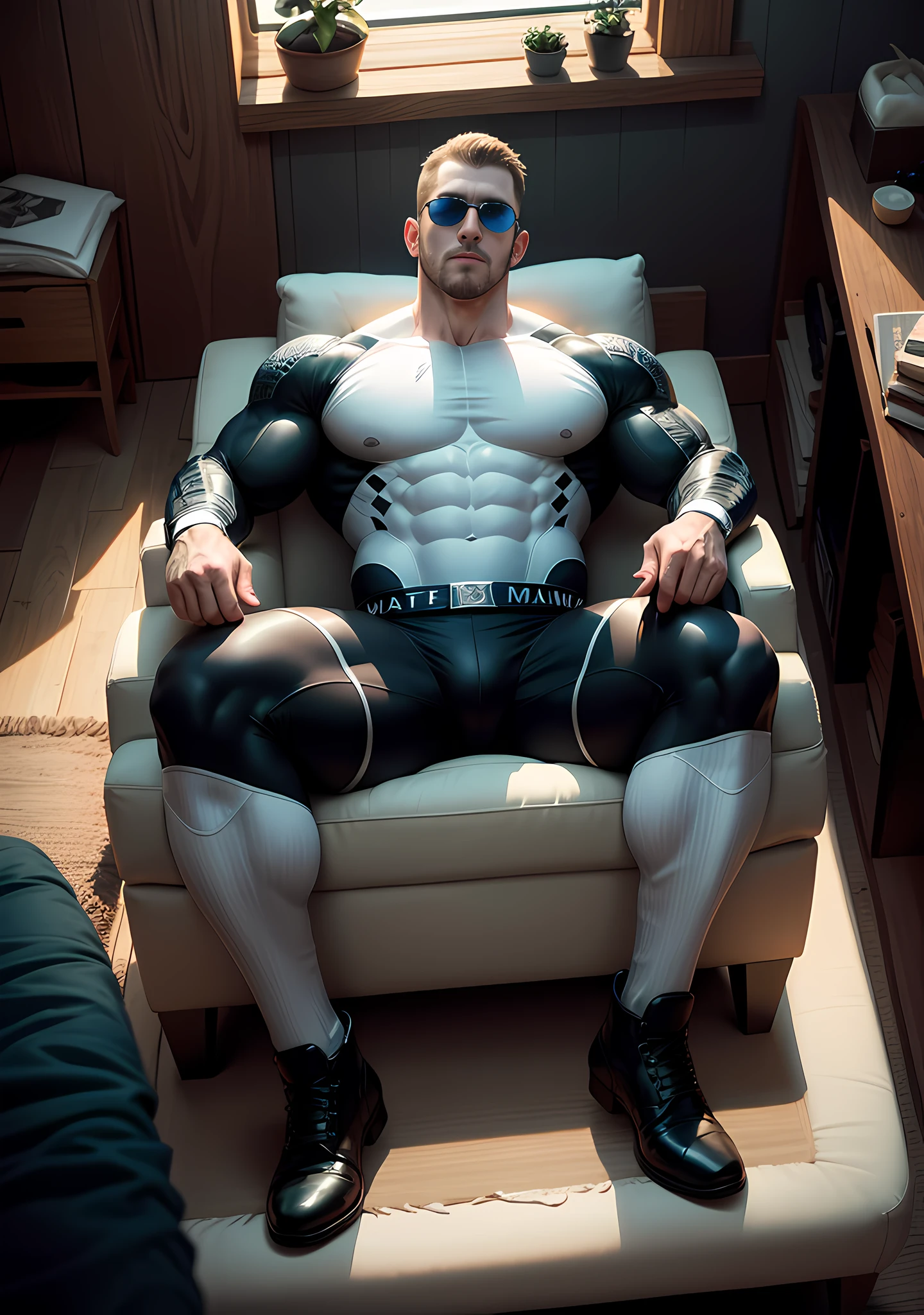 Allard man in milky white clothes, lying on the sofa stained with milky white Slime, muscle hero, Buzz Cut, tall and burly, muscular! Wearing black sunglasses, tall and burly, stealth suit, symmetrical patterned texture design tights, super buff and cool, high resolution committee, character design (Resident Evil - Chris Redfield), black military boots, attractive strong man, sunlight shining through the window