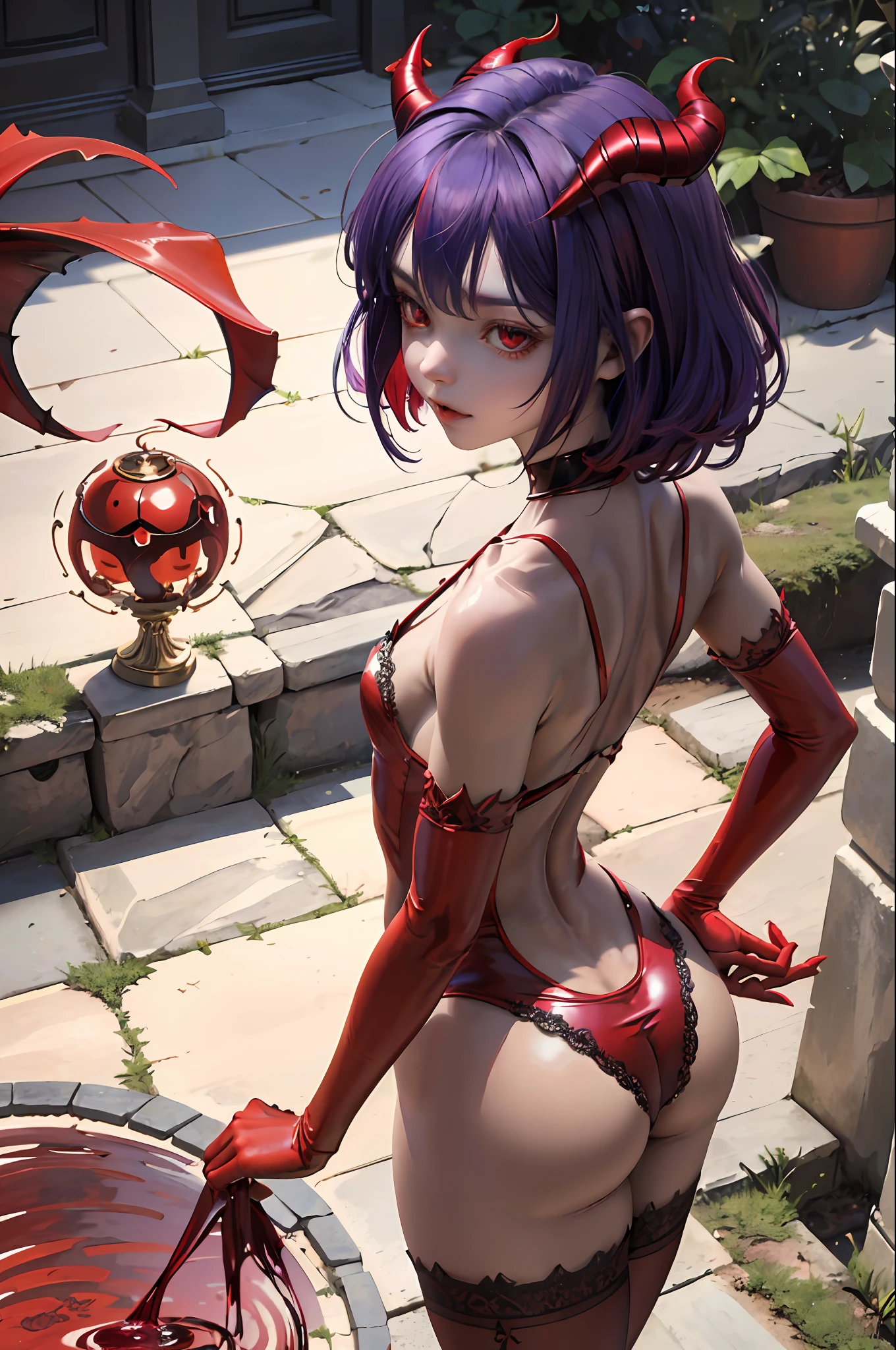 (masterpiece: 1.2, best quality), (1 li, solo), small breasts, bubble ass, (Dynamic posture), (crimson red skin), crimson red skin, demon girl, red skin, thin lacy gloves, ( small demonic horns:1.1), (Lilith \(Darkstalkers\)), (heaven), bangs, (jewelry, golden ornament:1.15 ), large pelvis, blue (pantyhose:1.1)