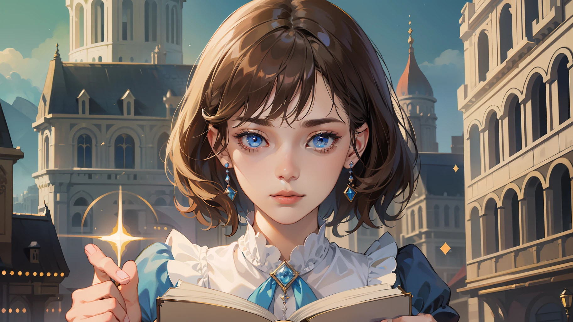 kk, best quality, more details, masterpiece, 1 girl, portrait, female focus, blue eyes like diamonds, solo, bangs, look at the viewer, frilly shirt, short hair, (((fantasy city, palace))), highlights, holding a magic spell book, brown hair, wavy, luxurious, 8k, detailed, ray tracing, depth of field, cinematic lighting,