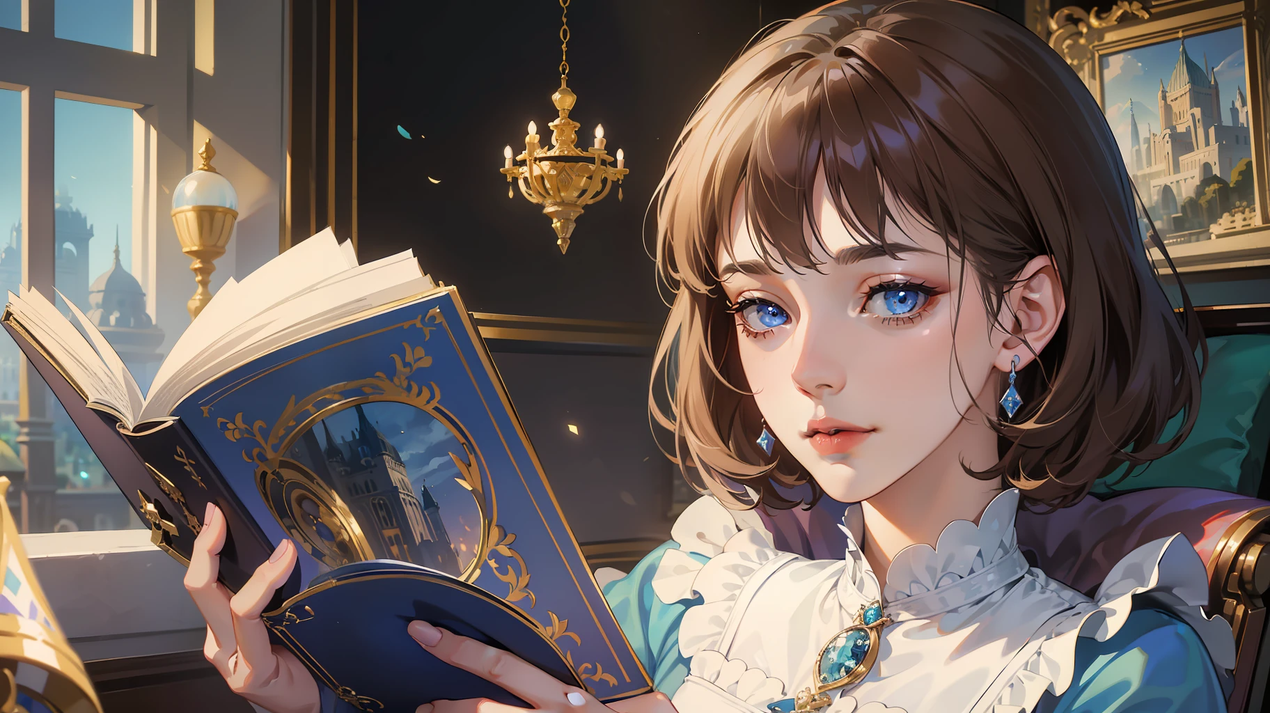 kk, best quality, more details, masterpiece, 1 girl, portrait, female focus, blue eyes like diamonds, solo, bangs, look at the viewer, frilly shirt, short hair, (((fantasy city, palace))), highlights, holding a magic spell book, brown hair, wavy, luxurious, 8k, detailed, ray tracing, depth of field, cinematic lighting,