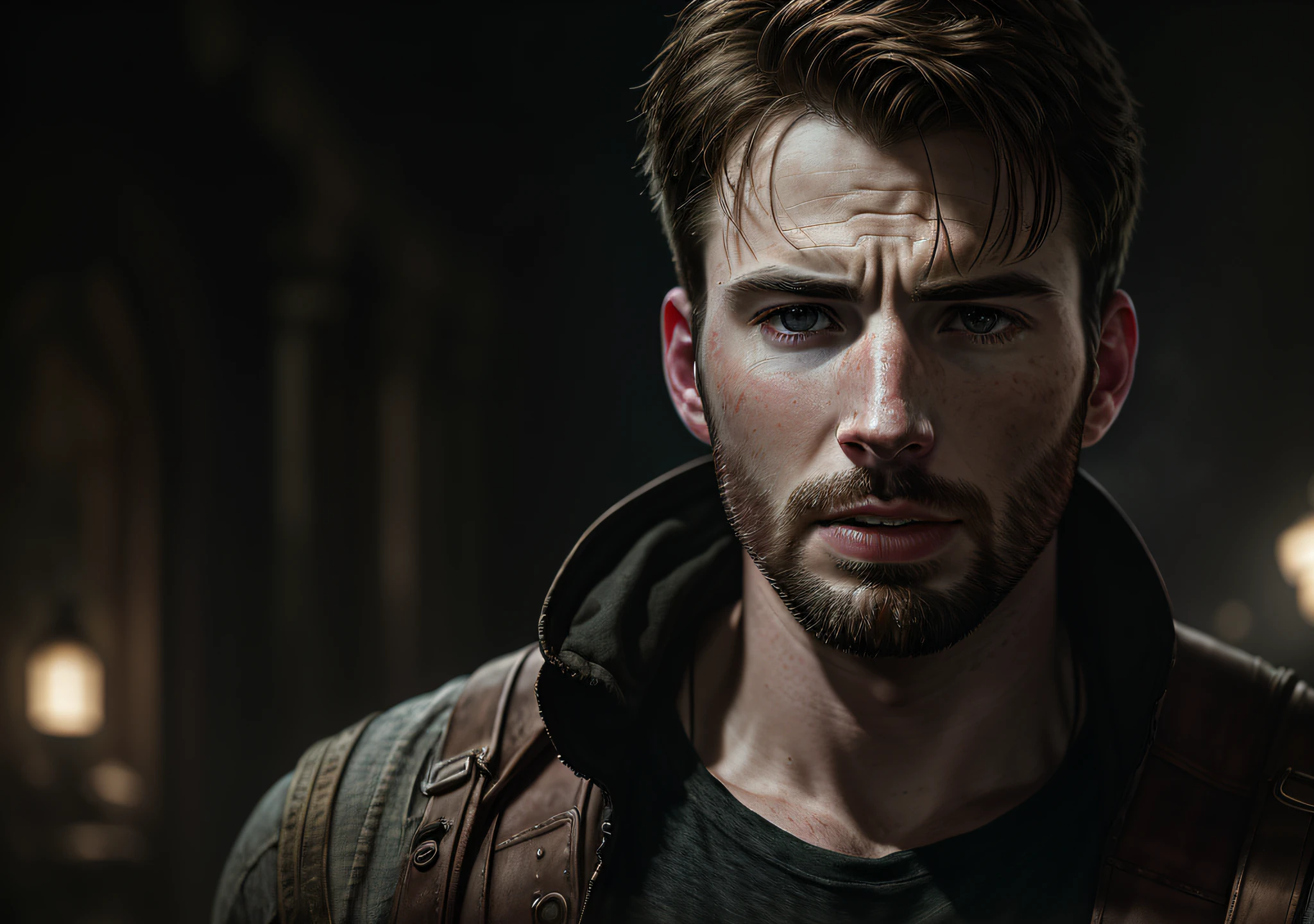 Chris Evans, dark: realistic epic, soft cinematic portrait, adobe lightroom, photographic lab, highly detailed, faded, (neutral colors: 1.2), (hdr: 1.4), (soft colors:1.2), hyperdetailed, (artstation:1.4), cinematic, warm lights, dramatic light, (intricate details:1.1), complex background, (rutkowski:0.66), (blue and orange:0.4)