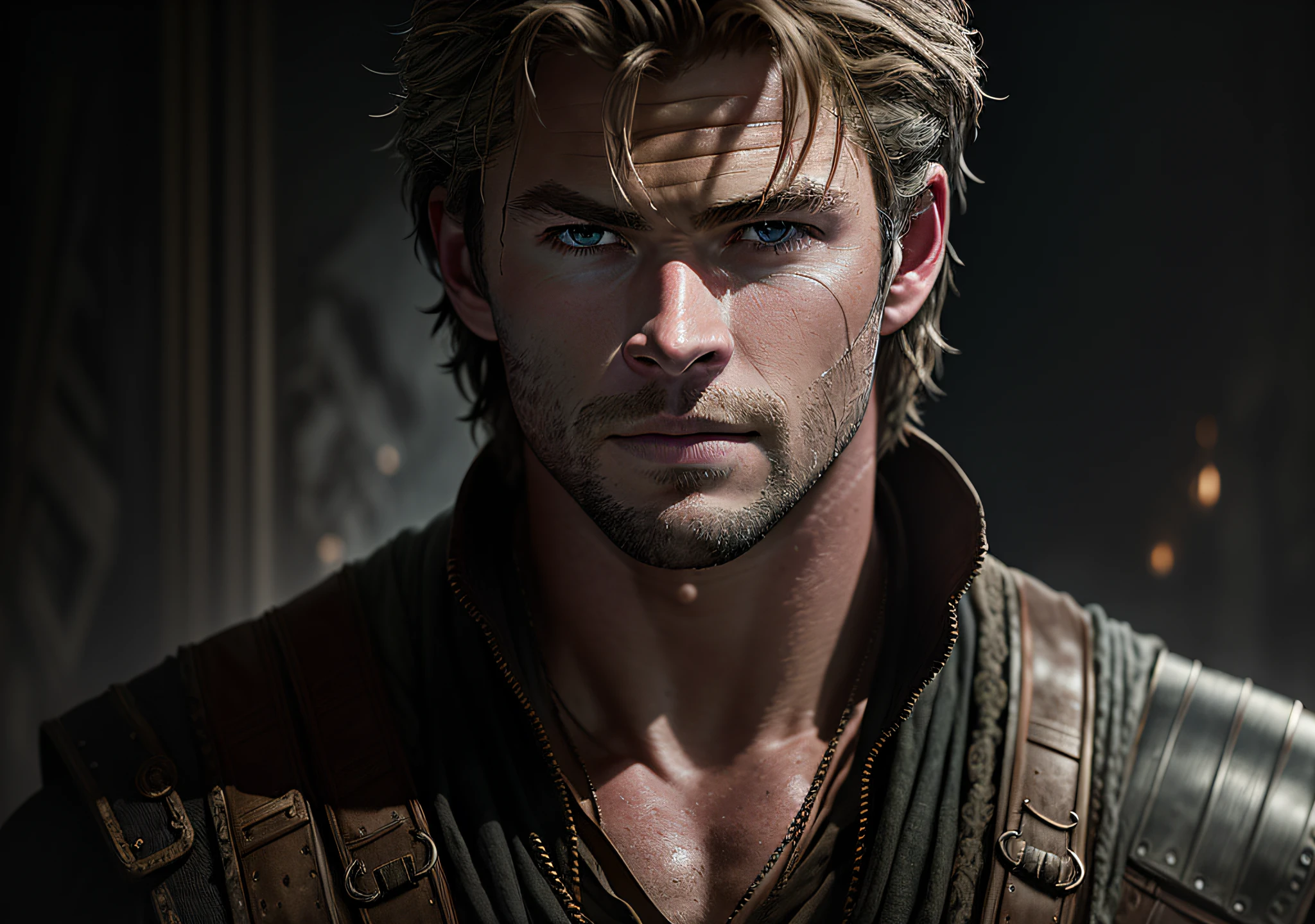 Chris Hemsworth, dark: realistic epic, soft cinematic portrait, adobe lightroom, photographic lab, highly detailed, faded, (neutral colors: 1.2), (hdr: 1.4), (soft colors:1.2), hyperdetailed, (artstation:1.4), cinematic, warm lights, dramatic light, (intricate details:1.1), complex background, (rutkowski:0.66), (blue and orange:0.4)