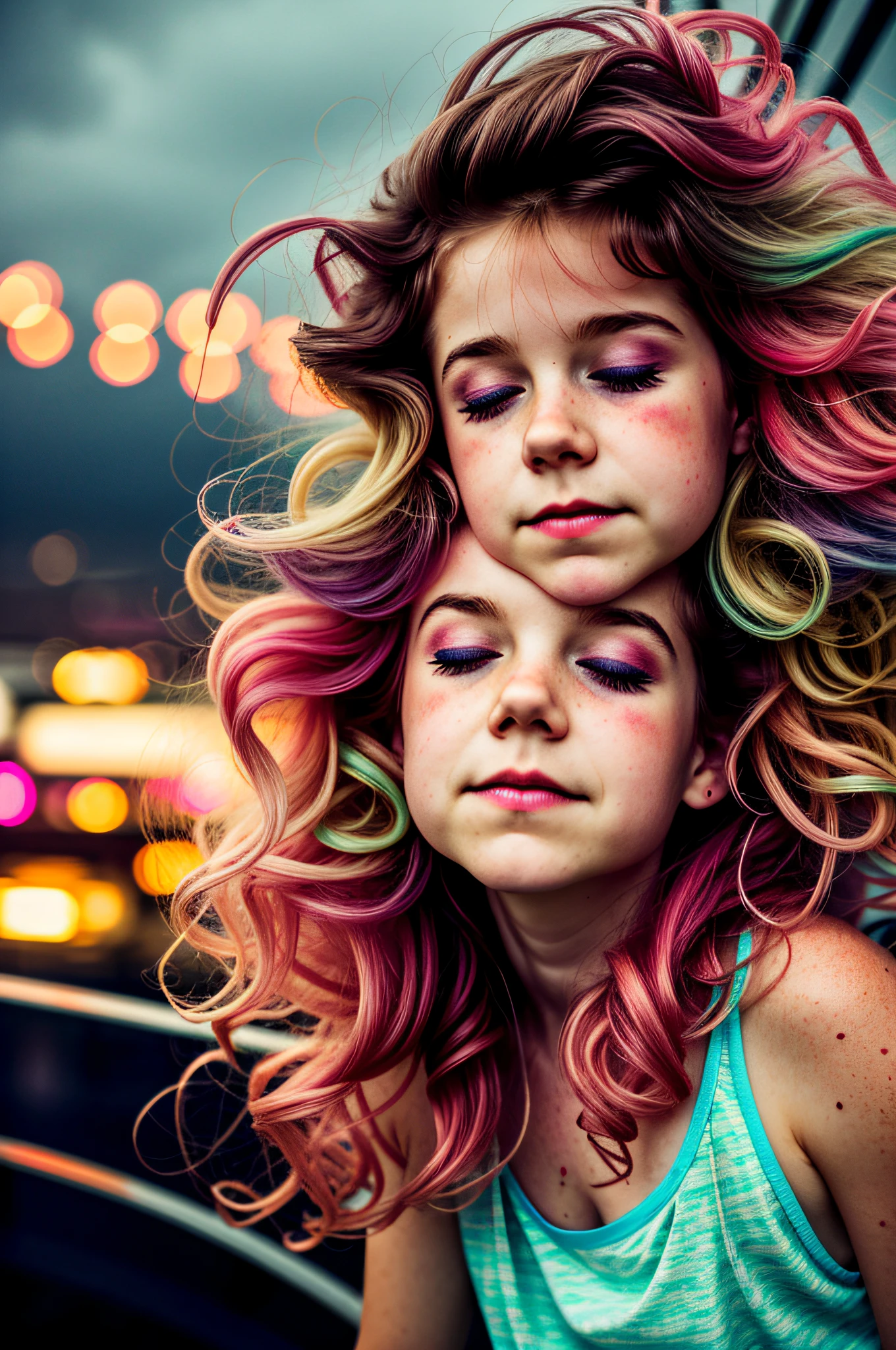 irish precious girl sleeping in foggy ferris wheel, nighttime, tanktop cotton, roses, colorful lights, fireflies, closeup, cottoncandy, sunlit cottoncandy wild messy windy hair glistening, style of sally mann in color
