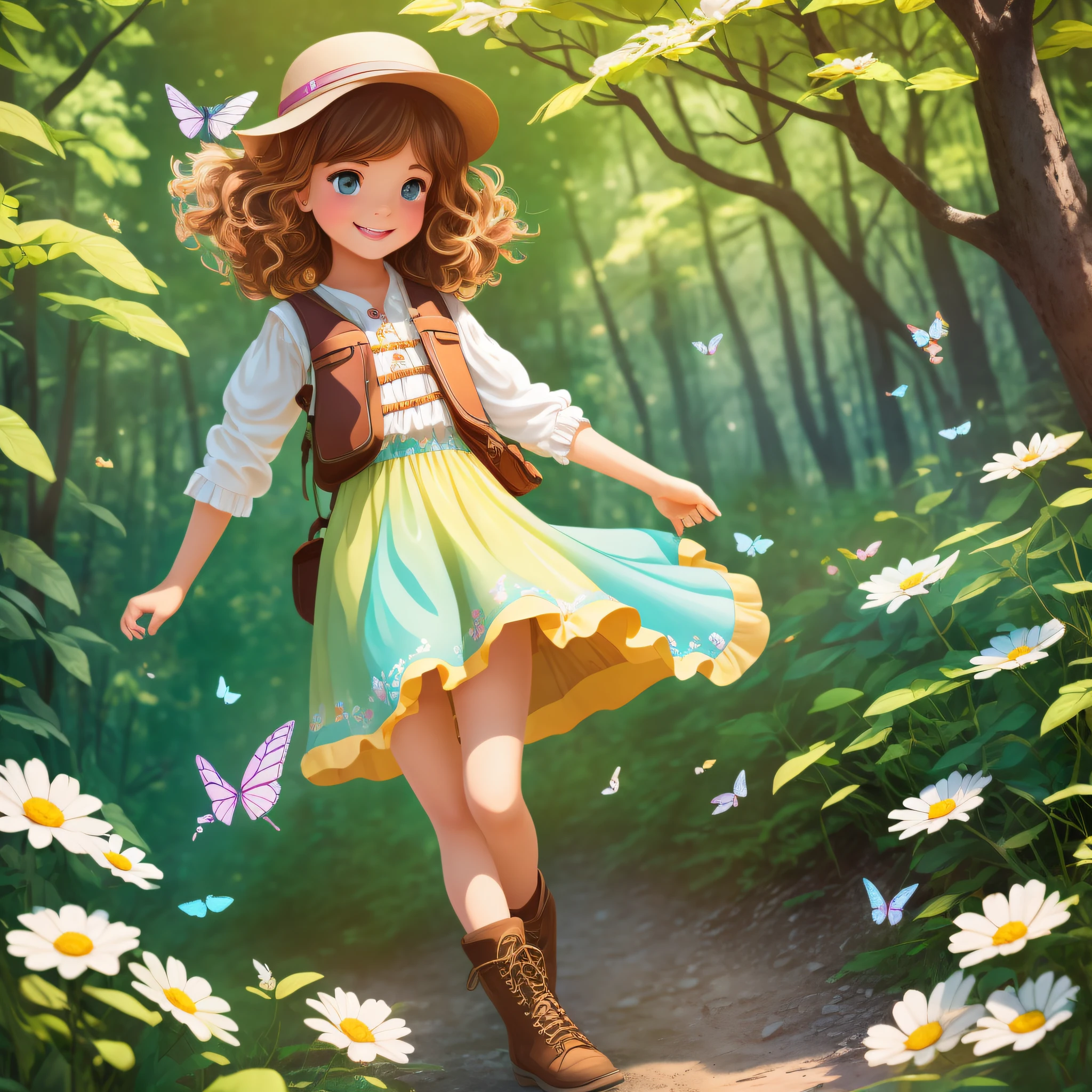 A very charming girl with a backpack, masterpiece, high quality best quality, 1girl. +Laura is a 5-year-oirl w light brown hair that fell in soft curls over her shoulders. His eyes were large and bright, the color of honey, full of curiosity and courage. His smile was infectious, lighting up the environment around him. She had a small, snub nose, which complemented her delicate face. Laura was short and agile, always ready to explore new places and face challenges. She wore a comfortable, colorful outfit, with a brown leather vest, a floral blouse, and ripped jeans. On her feet, she wore sturdy hiking boots, perfect for her adventures in the woods. Laura had a special sparkle in her eyes that reflected her adventurous nature and her ability to find magic in every corner, she would be surrounded by tall, majestic trees with gleaming leaves and intertwined branches. Bright flowers of vibrant colors would be scattered across the scenery, filling the air with their sweet scent. In the sky, fluffy, white clouds would create magical shapes, while the bright sun would illuminate the entire environment. Graceful fairies with translucent wings would fly around the trees, leaving a shimmering trail wherever they passed. Colorful butterflies would dance among the flowers, scattering bright colors on their flight. The illustration is a high-definition illustration in 4K resolution with highly detailed facial features and cartoon-style visuals. --auto --s2