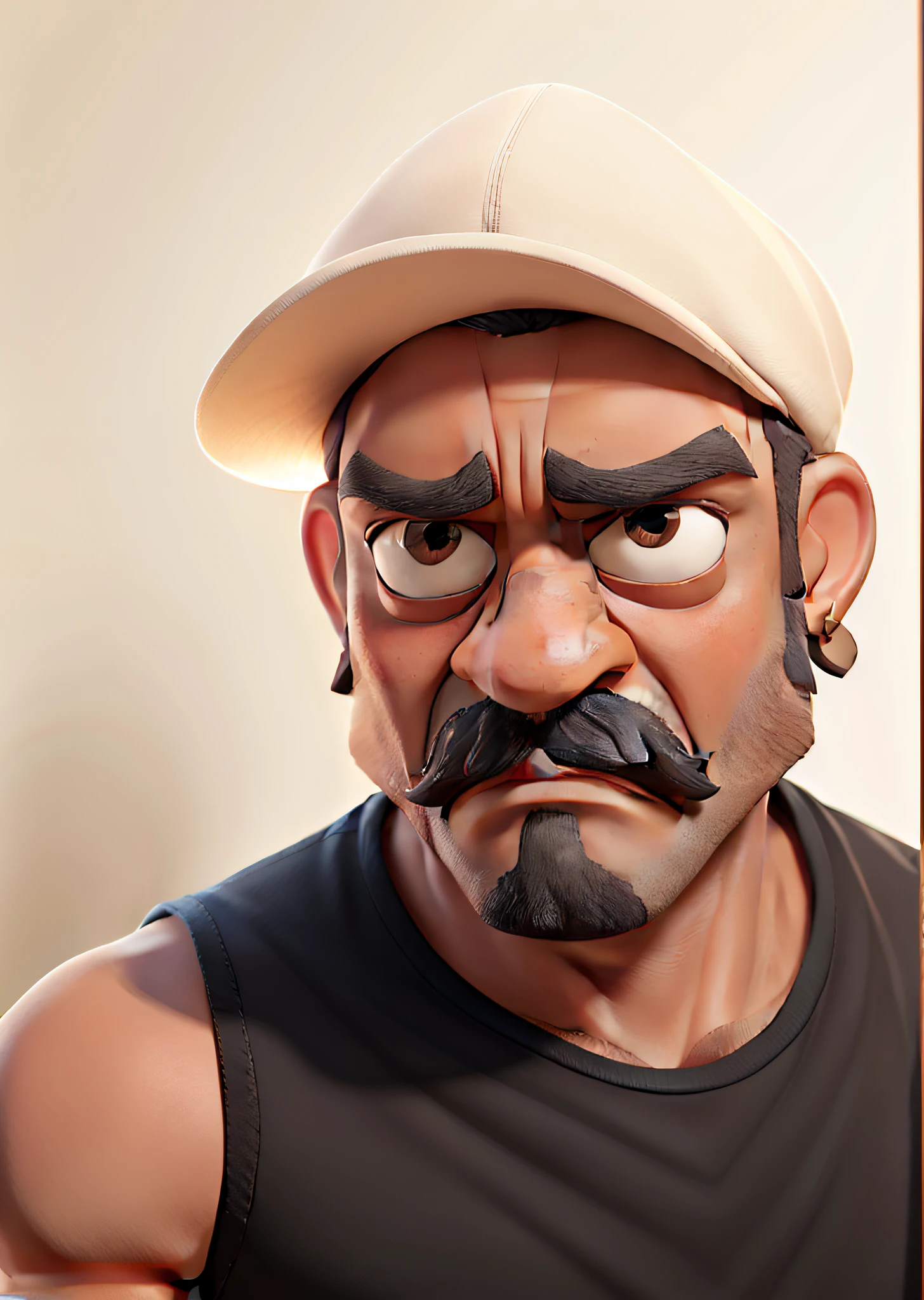 4k definition, realistic eyes, realistic beard and mustache, realistic eyebrows, masterpiece, best quality, set eyes, a serious black guy with a failed beard and mustache, wearing a black tank top shirt, with shoulder amosta