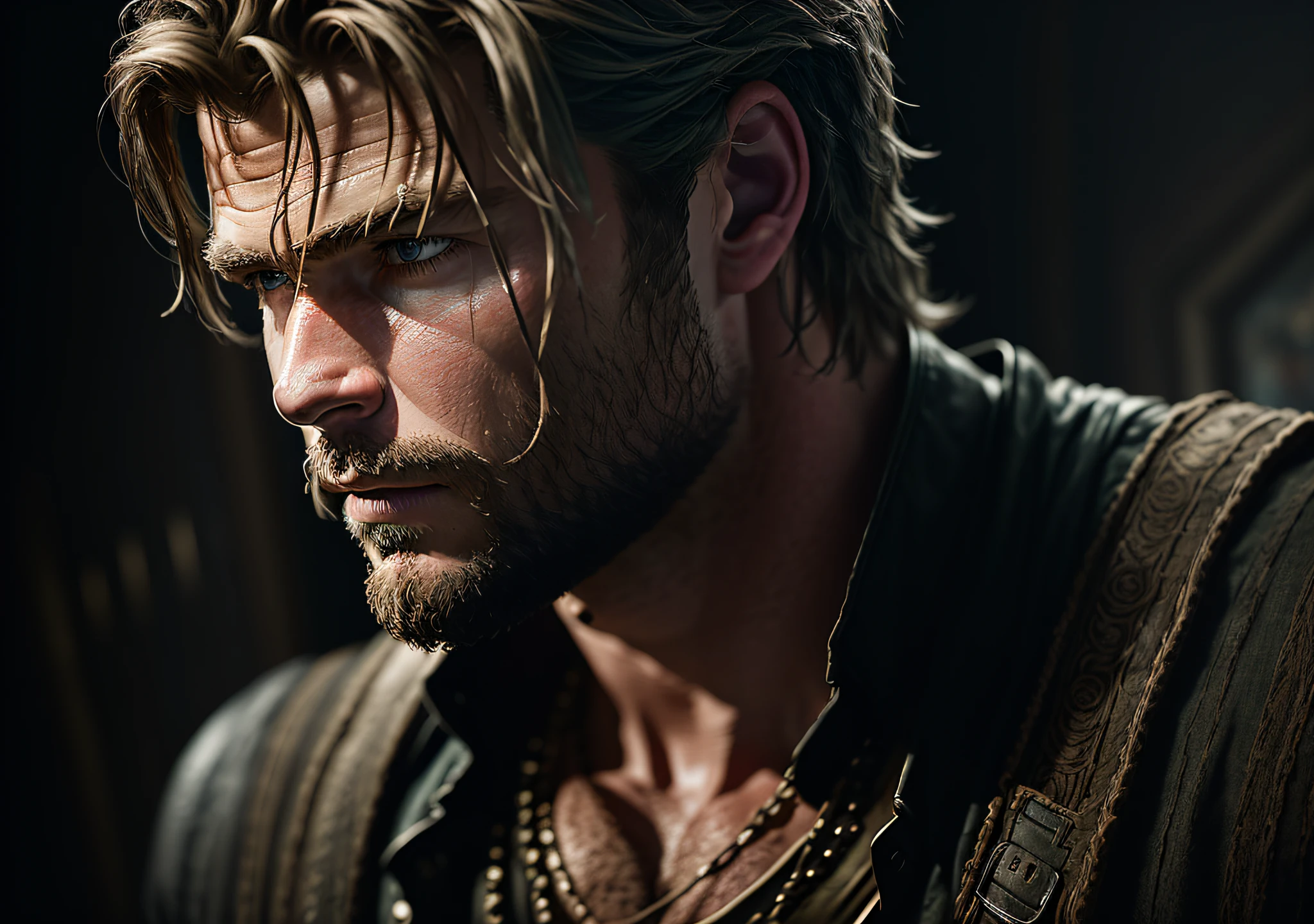 Chris Hemsworth, dark: realistic epic, soft cinematic portrait, adobe lightroom, photographic lab, highly detailed, faded, (neutral colors: 1.2), (hdr: 1.4), (soft colors:1.2), hyperdetailed, (artstation:1.4), cinematic, warm lights, dramatic light, (intricate details:1.1), complex background, (rutkowski:0.66), (blue and orange:0.4)