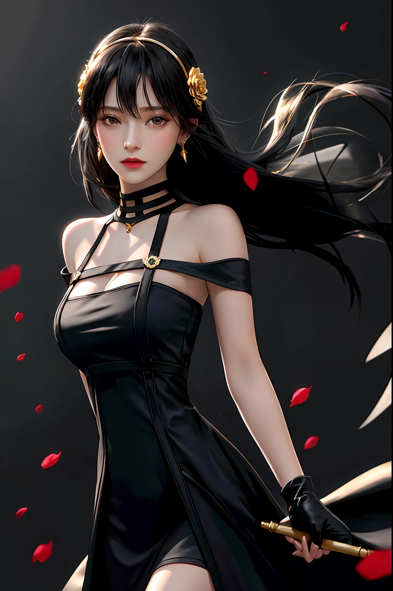 yor briar, (photorealistic), beautiful girl, 

backlighting, bare shoulders, black background, black dress, black gloves, black hair, breasts, closed mouth, cowboy shot, dress, earrings, expressionless, fingerless gloves, floating hair, gloves, gold earrings, gold hairband, hair flower, hair ornament, hairband, jewelry, large breasts, light particles, long hair, looking at viewer, off-shoulder dress, off shoulder, petals, red eyes, short hair with long locks, sidelocks, solo, spikes, thighs, two-sided dress, two-sided fabric

, ((masterpiece))
