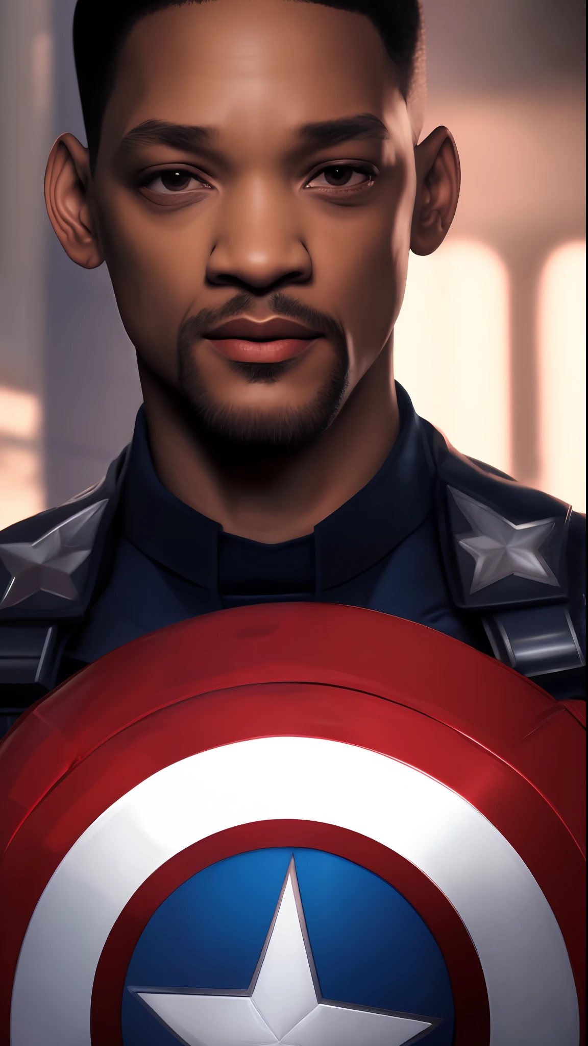 . .Tarantino style Will Smith as Captain America 8k, high definition, detailed face, detailed face, detailed eyes, detailed suit, in style of marvel and dc, hyper-realistic, + cinematic shot + dynamic composition, incredibly detailed, sharpen, details + superb details + evening with light + perfectionism + award winning realism ((moody lighting))