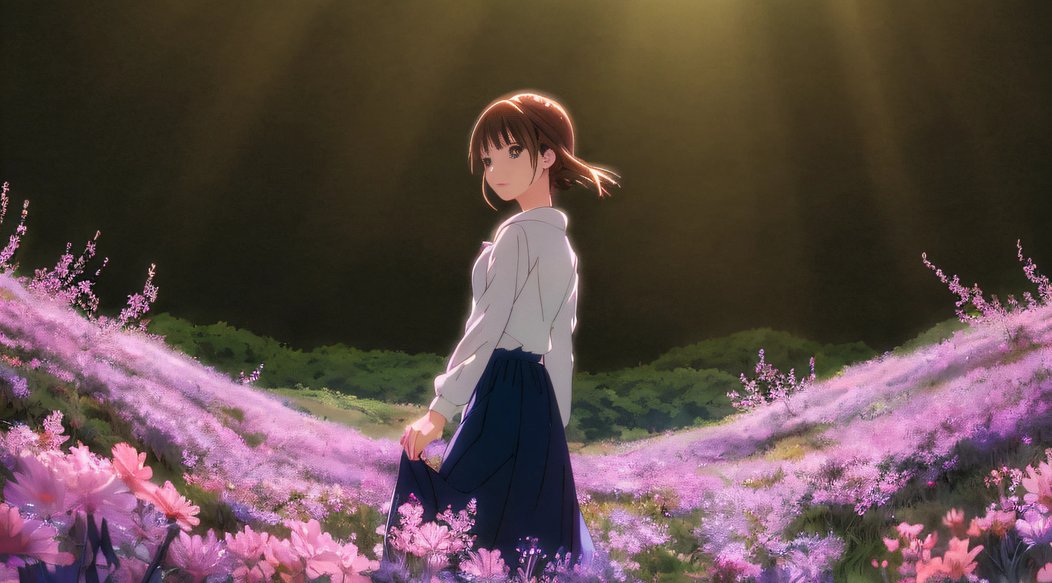 Detailed illustration in anime style, very cute young woman, solo, short brown hair, perfect round gray eyes, catch light in the eyes, perfect beautiful fingertips, wearing a white shirt and blue long skirt, wandering on a misty and fantastic predawn dark plateau, fantastic backlight lighting, small flowers blooming, Makoto Shinkai anime style