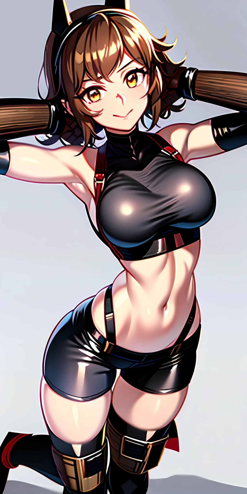 Anime girl with cat ears and a black blouse, black shorts of frontline girls, tifa lockhart, anime moe artstyle, portrait of tifa lockhart,  portrait of tifa lockhart, fine details. girls frontline, muscular!,  anime girl, kantai collection style, tifa, by Kamagurka, Ilya Kuvshinov with long hair, portrait of Tifa Lockhart, toned body, medium , brown brown hair, caramel brown eyes,