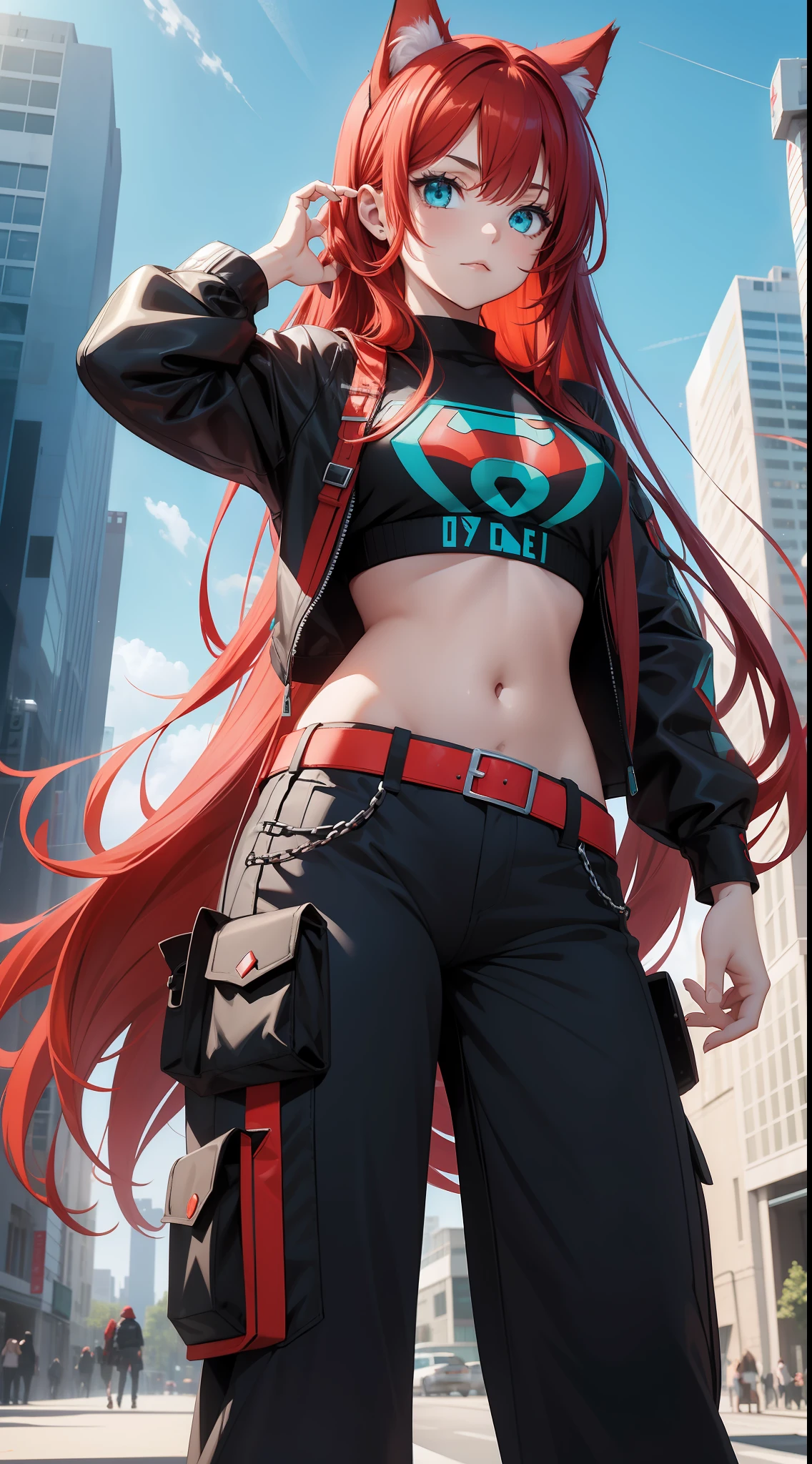 Young girl, long red hair, turquoise eyes, cat ears, superhero shape, pants, open belly, inner, masterpiece, high quality