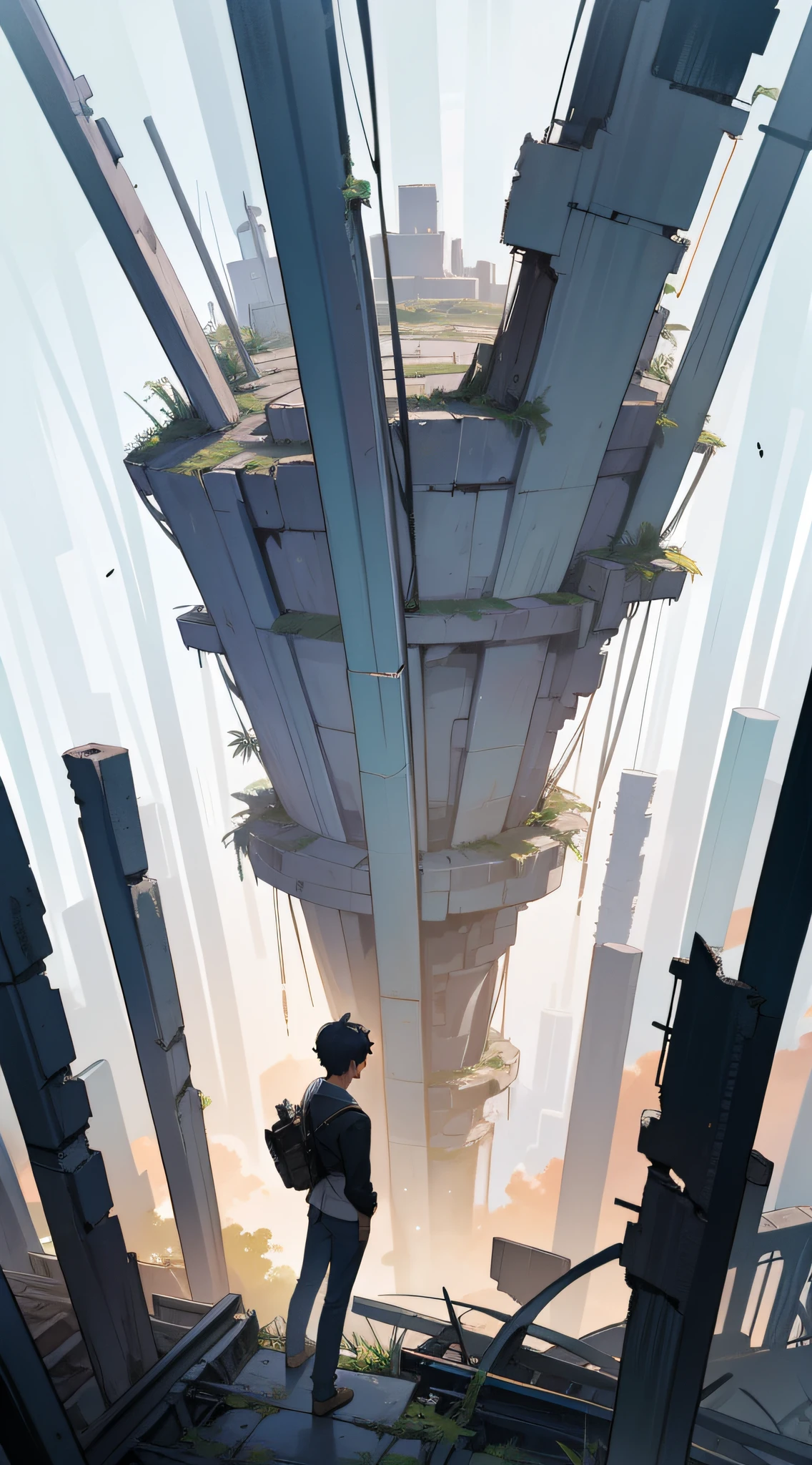 Masterpiece, best quality, super detailed, a 24-year-old boy standing in a vast expanse of ruins, a vista perspective, forest city ruins