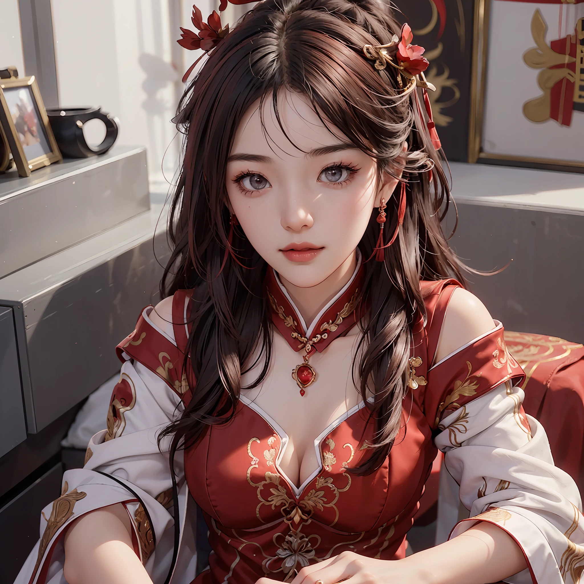 (A Chinese bride), (wearing a gorgeous Chinese red wedding dress), (Chinese style elements: 1.4), (shy, tender, beautiful face, fair skin, bright eyes, elegant eyebrows, happiness and expectation, rosy lip color, soft face), (red clothing: 1.4), (wearing exquisite jewelry, rings, necklaces)), clothes embroidered with phoenix motifs, (embroidery), full body red robe, purity, romance, (Full body shot: 1.5), (body curve), Pleated decoration, (cinematic quality), (Best quality: 1.2), (Realism: 1.4), (Indoor), Photo quality, ((octane rendering)), Close-up, Photographic lighting, (Red theme: 1.4),