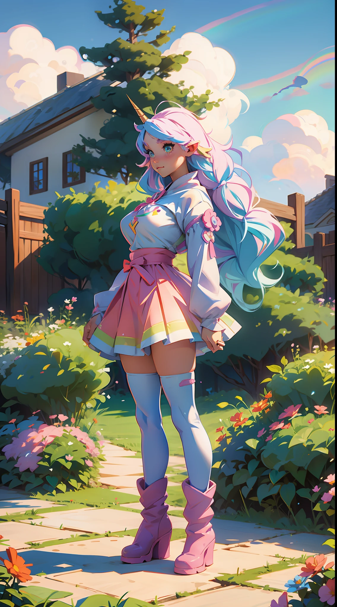 anime waifu unicorn, rainbow, plush clothes, big boots, perfect body, huge breasts, (((background a garden)))