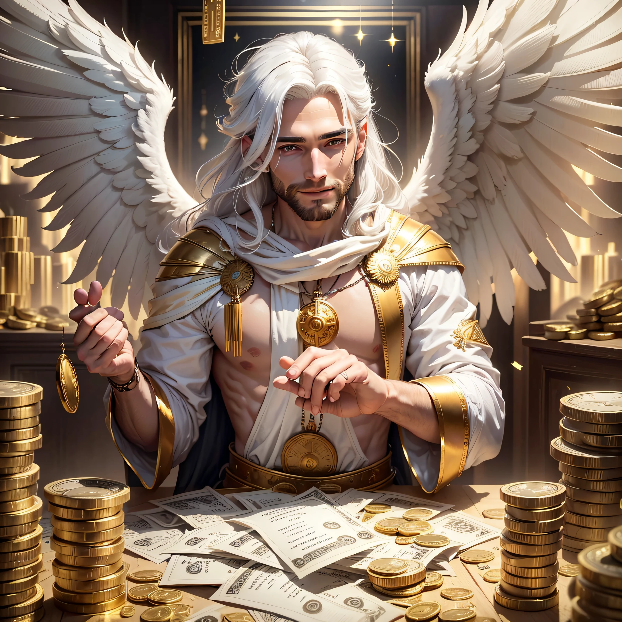 (8k, best quality, masterpiece:1.2), jesus christ male british male angel with white hair, friendly smile, white wings, surrounded with stacks of gold, gold coins, and piles of cash throughout the backdrop --auto --s2