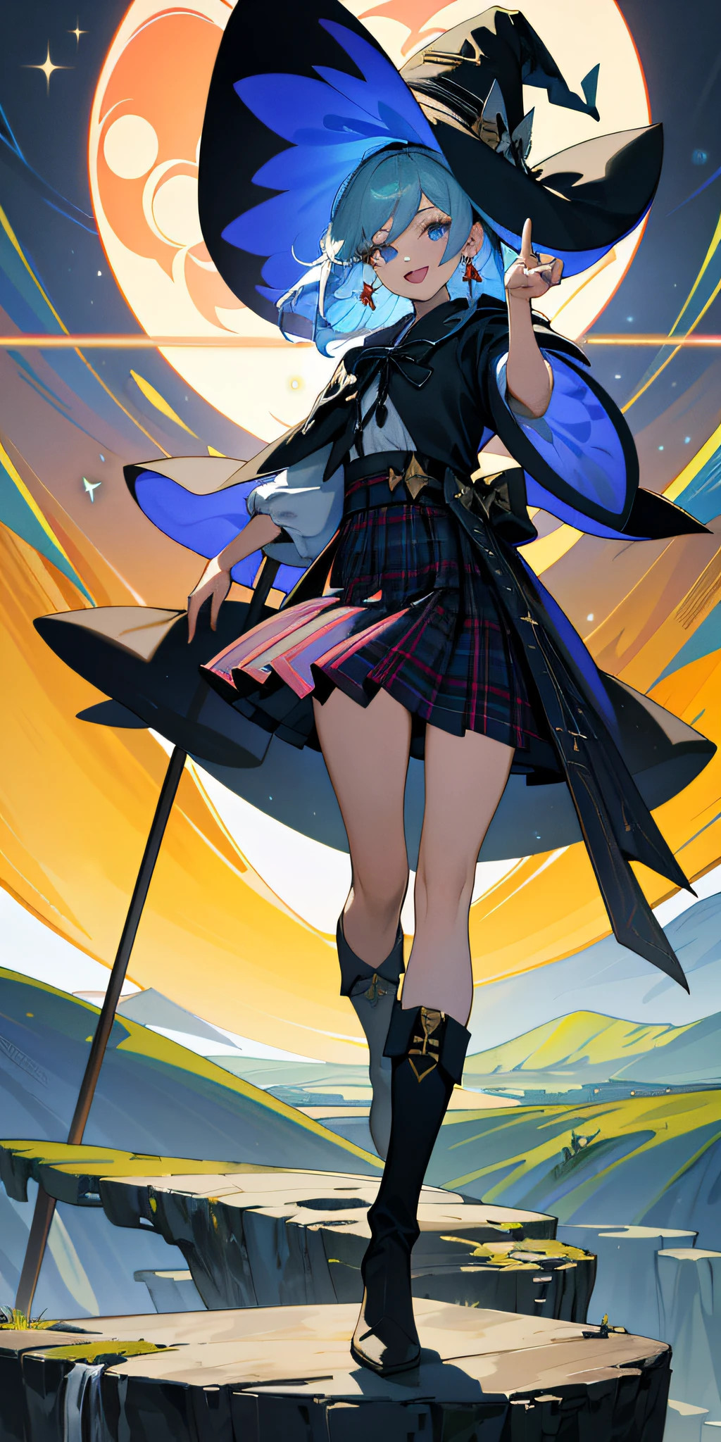 (masterpiece:1.2, best quality), ultra high res, absurdres, highres,
1girl, smile, open mouth, girl in distance, standing, fantasy,
(detailed beautiful eyes:1.3), (beautiful delight face:1.3),
(geometric landscapes, color palettes:1.2), magic world, (big explosion),
(witch hat, robe of witch, tartan skirt, boots, big ribbon, earrings, magic wand), dynamic pose,