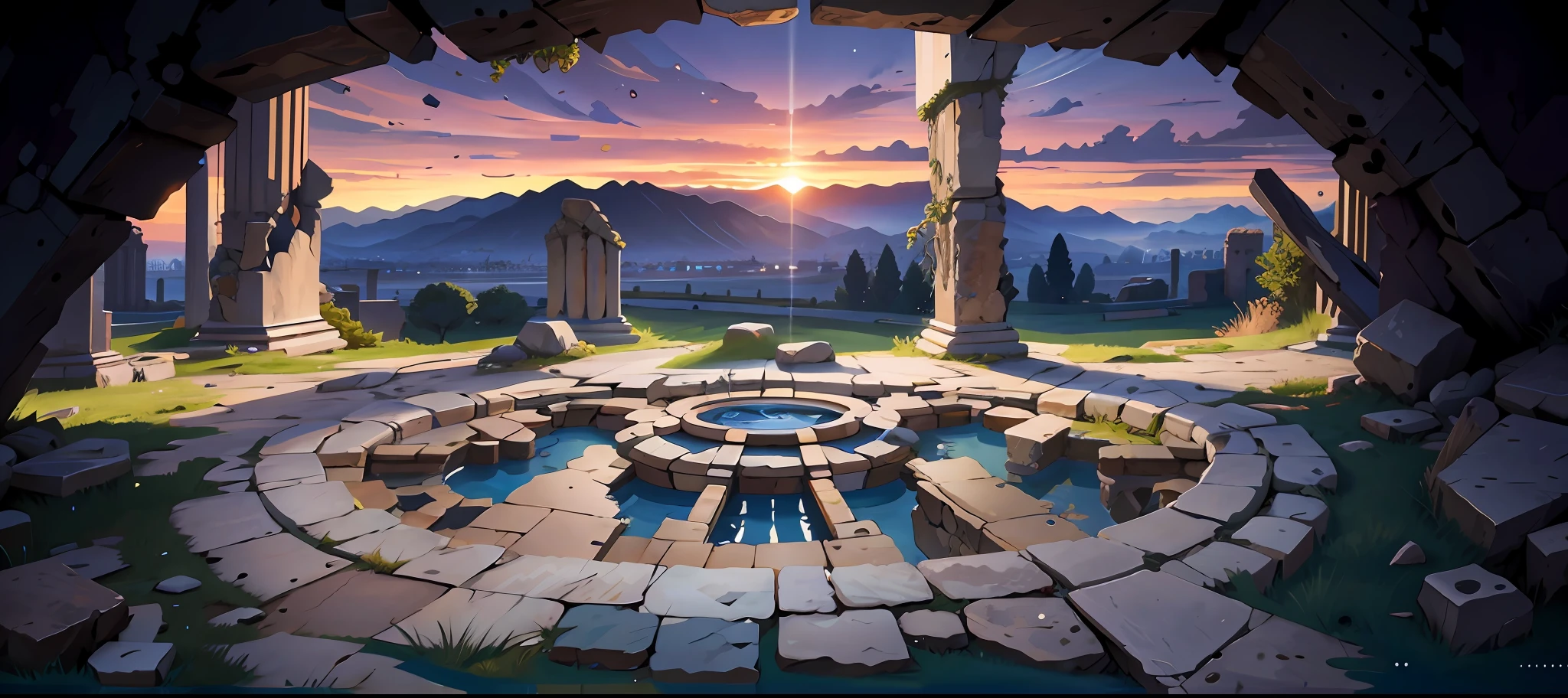 (2D art style: 1.2 + ruin picture frame AND Outpost) (masterpiece), tentacle-like vineman, disc reinforcement and colorful (w0.2) disc center position emphasis, dynamic angle, dynamic pose, shabby Roman stone columns, distant sunset mountains, enhanced depth of field (w0.5).