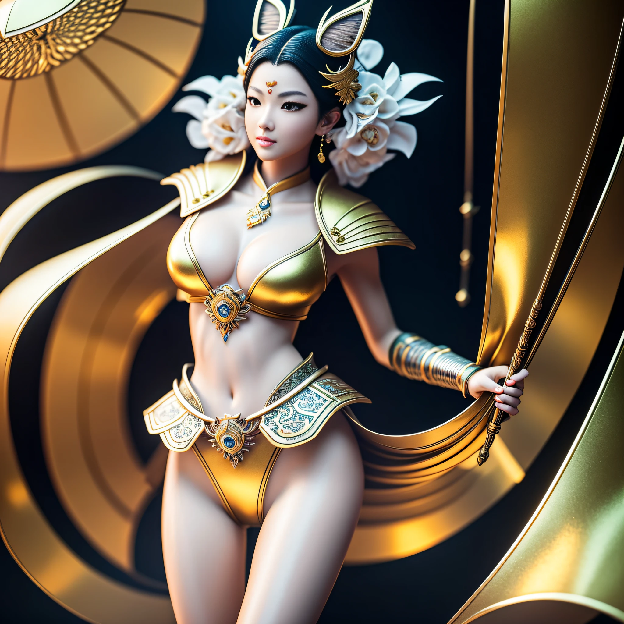 Korean, masterpiece, best quality, high quality, extremely detailed CG unity 8k wallpaper, (realistic, Photo real: 1.3), (RAW photo: 1.2), woman body set medium breasts, breast exposure, breast increased highlights, body full of sweat, wet body, full and natural breasts, plump breasts, tender skin tone, straight buttocks, (transparent thong), surreal, 8K, original photo, film grain, super high resolution, super detail, tall, very clear face, slender long legs, a pair of snow-white slender beautiful legs, like ivory carved jade legs, perfect proportion and length, stunning face, melon seed face, qiong nose cherry lips, eyebrows picturesque, amorous, charming, slender and slender waist, close-up of a woman in gold and white, super detailed rendering, 3 D rendering character art 8 K, complex white and gold armor, complete samurai armor fox, high detail iconic character, 8K rendering, octane rendering, super detail octane rendering, super detailed octane rendering, super detailed octane rendering, super detailed 3 d rendering, futuristic style fox demon --auto --s2