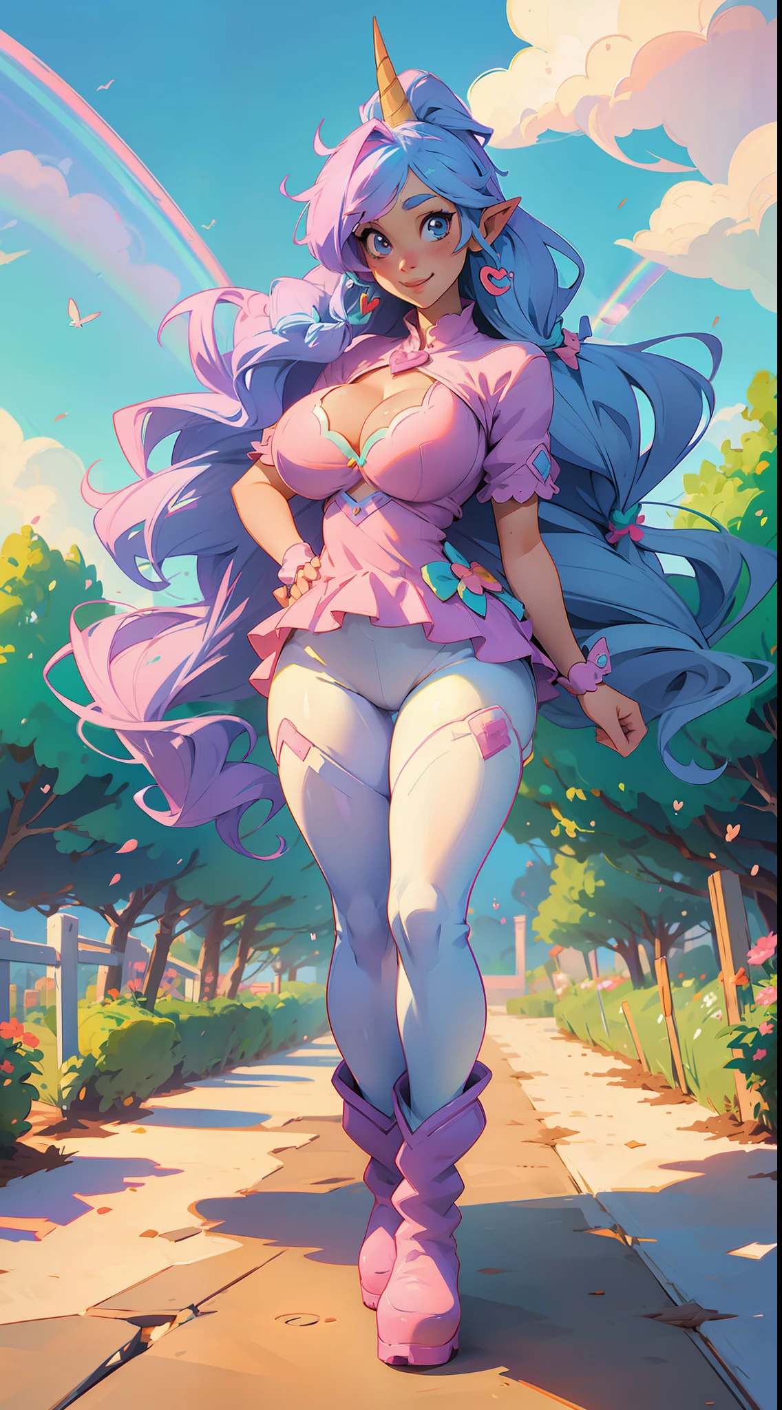 (anime waifu:1.2), (unicorn:1.1), (plushie clothes, big boots), (perfect body, feminine body type), (huge breasts:1.3), (garden background), (vibrant rainbow:1.05), (cute and happy expression).