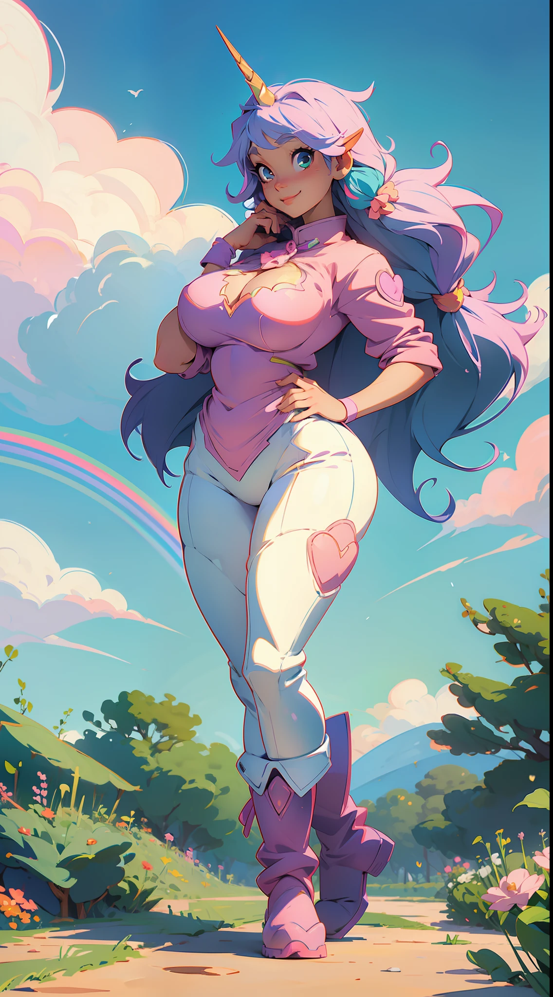 (anime waifu:1.2), (unicorn:1.1), (plushie clothes, big boots), (perfect body, feminine body type), (huge breasts:1.3), (garden background), (vibrant rainbow:1.05), (cute and happy expression).