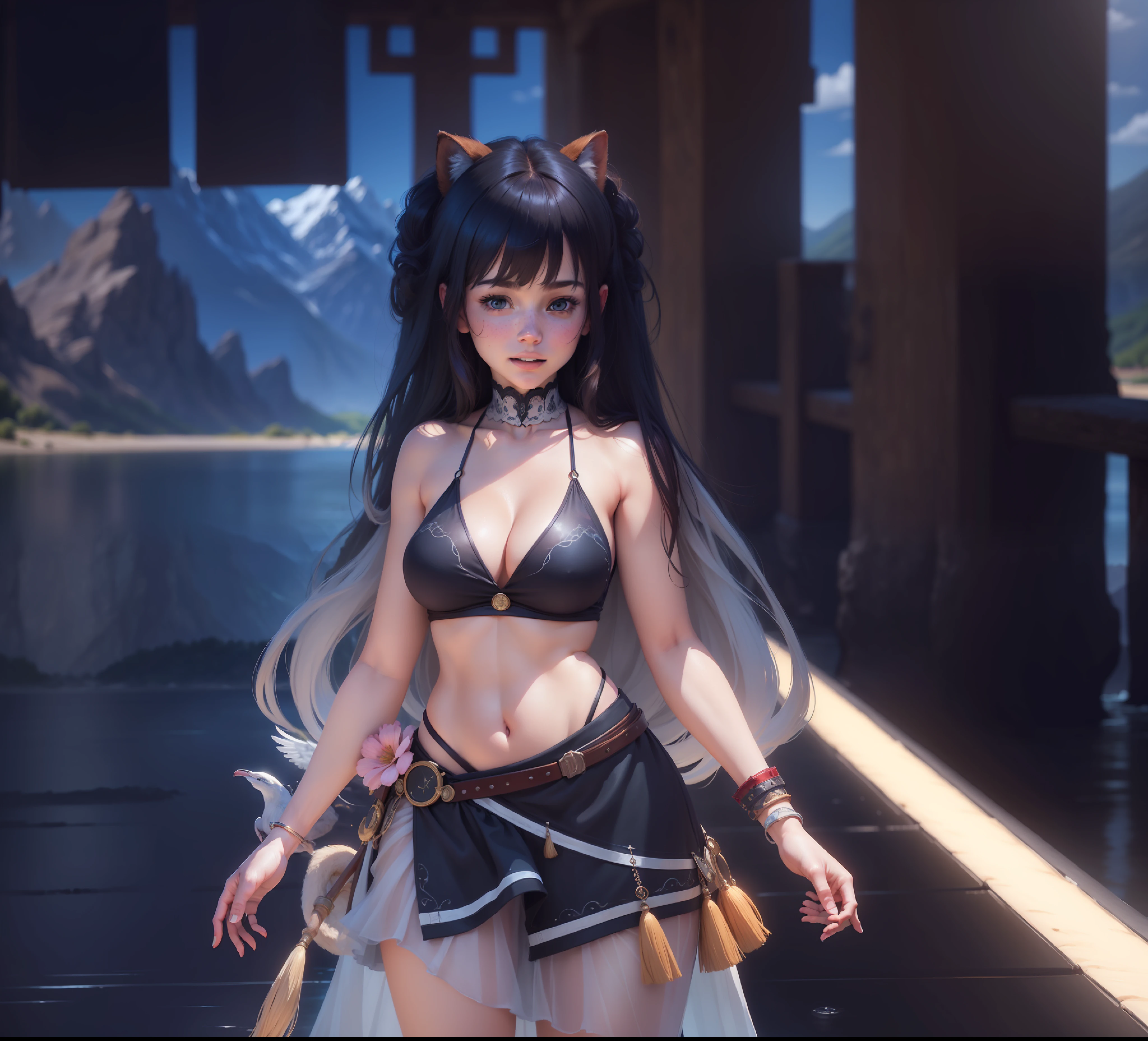(very realistic representation:1.4),top quality, extremely detailed, best illustration, stunning landscapes, natural lighting, wide color spectrum, clear water, rivers and mountains, majestic animals, realistic characters, authentic look, dynamic scene, huge, red cheeks, happy --auto --s2