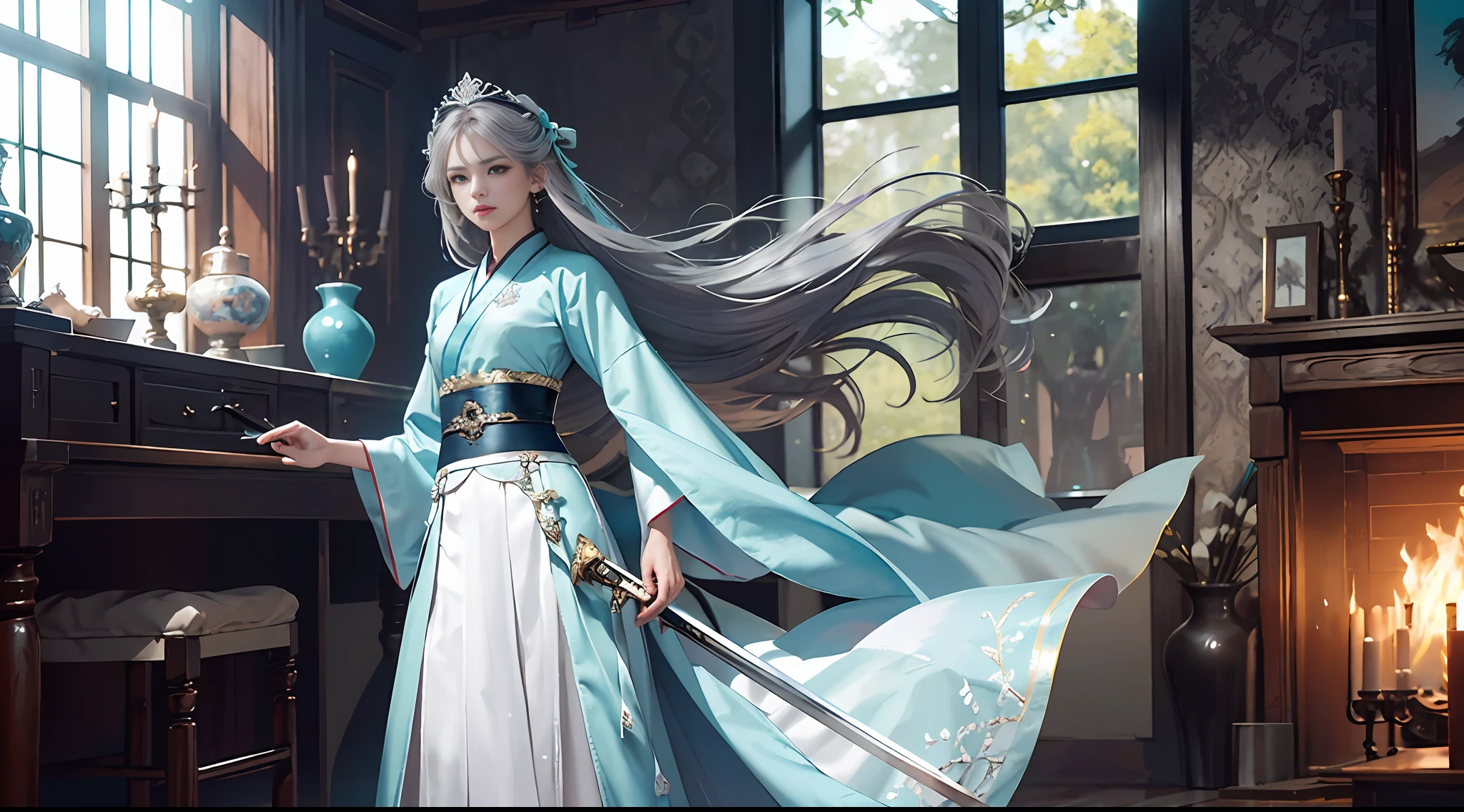 Superb Quality, Masterpiece, High Resolution, (Exquisite Body: 1.5), Stunning Beauty, (Milky Skin: 1.3), Exquisite Details, High Resolution, Wallpaper, 1 Woman, Solo, Dress, Hair Accessories, (((Cyan Skirt)), Paper Money, Long Hair, Gray Hair, Shut Up, Accessories, Long Sleeves, Wide Sleeves, Big Eyes, Flowing Hair, Hanfu, Hanfu, Embroidery, Long Skirt, ((Long Sword in Hand)), Long Sword, Sword Holding Posture, Interior, Ironmaking, Forge Room, 16K, HDR, High Resolution, Depth of Field, (Film grain: 1.1), Bocon, Primetime, (lens flare), vignetting, rainbow, (color grading: 1.5) bust