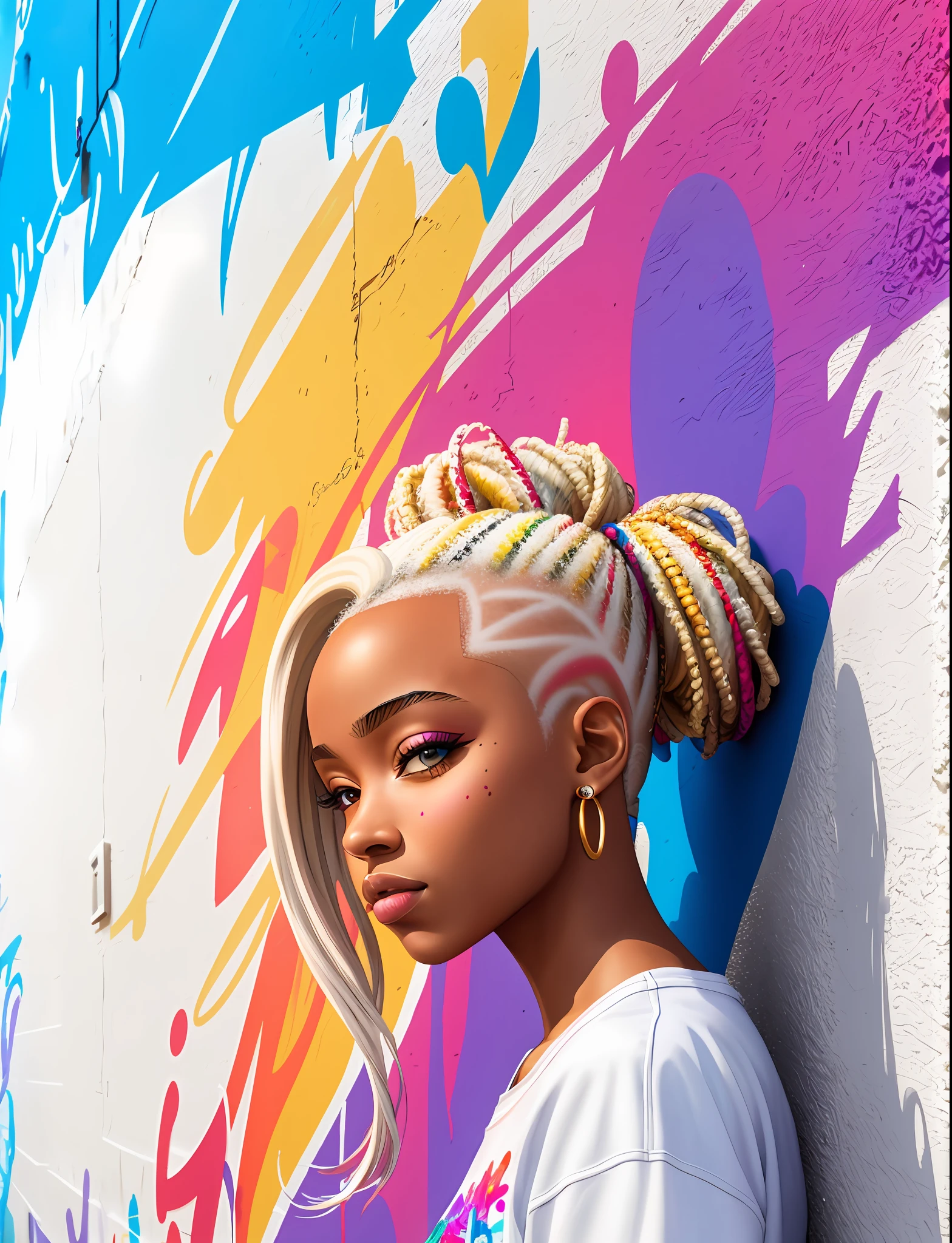 Graffiti painting, street art, 32k extremely detailed CG unit wallpaper, 32k landscape, artwork, masterpiece, best quality, amazing light brushstrokes, of a 24 year old African American girl with platinum hair in graffiti style on a white wall with vibrant colors.