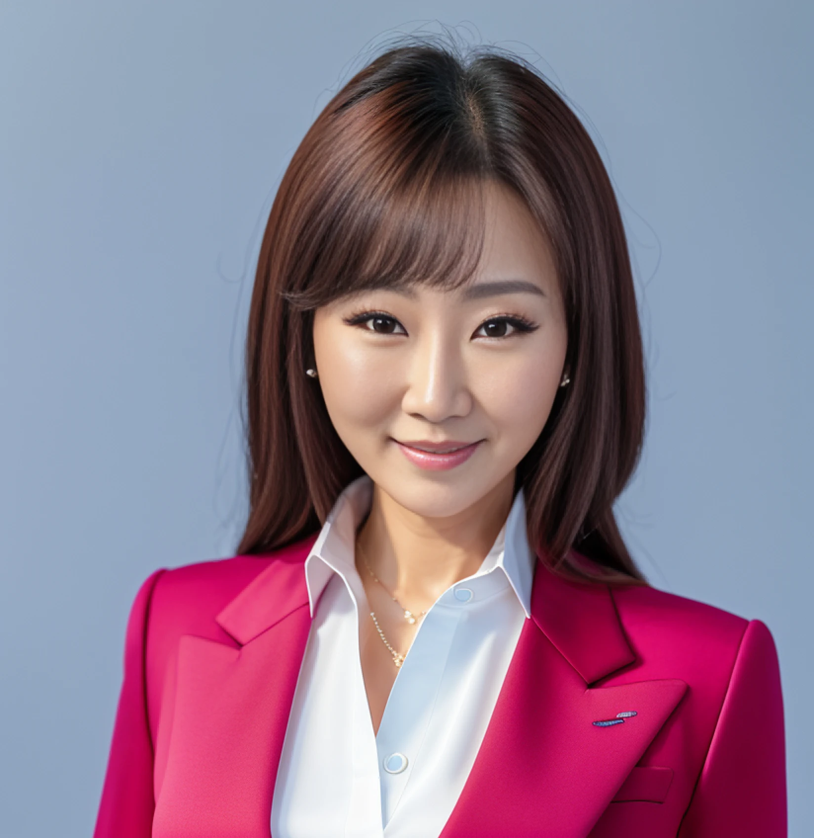 43 year old Korean woman, white background, blurred background, highlight, centered, ultrarealistic, highly detailed skin, make up, blue female suit, photo, high quality, Fujifilm, half body, smiling, hair pinned, looking at camera, blue blazer with red social blouse underneath, soft lighting, arms crossed, quality 2000s --auto --s2