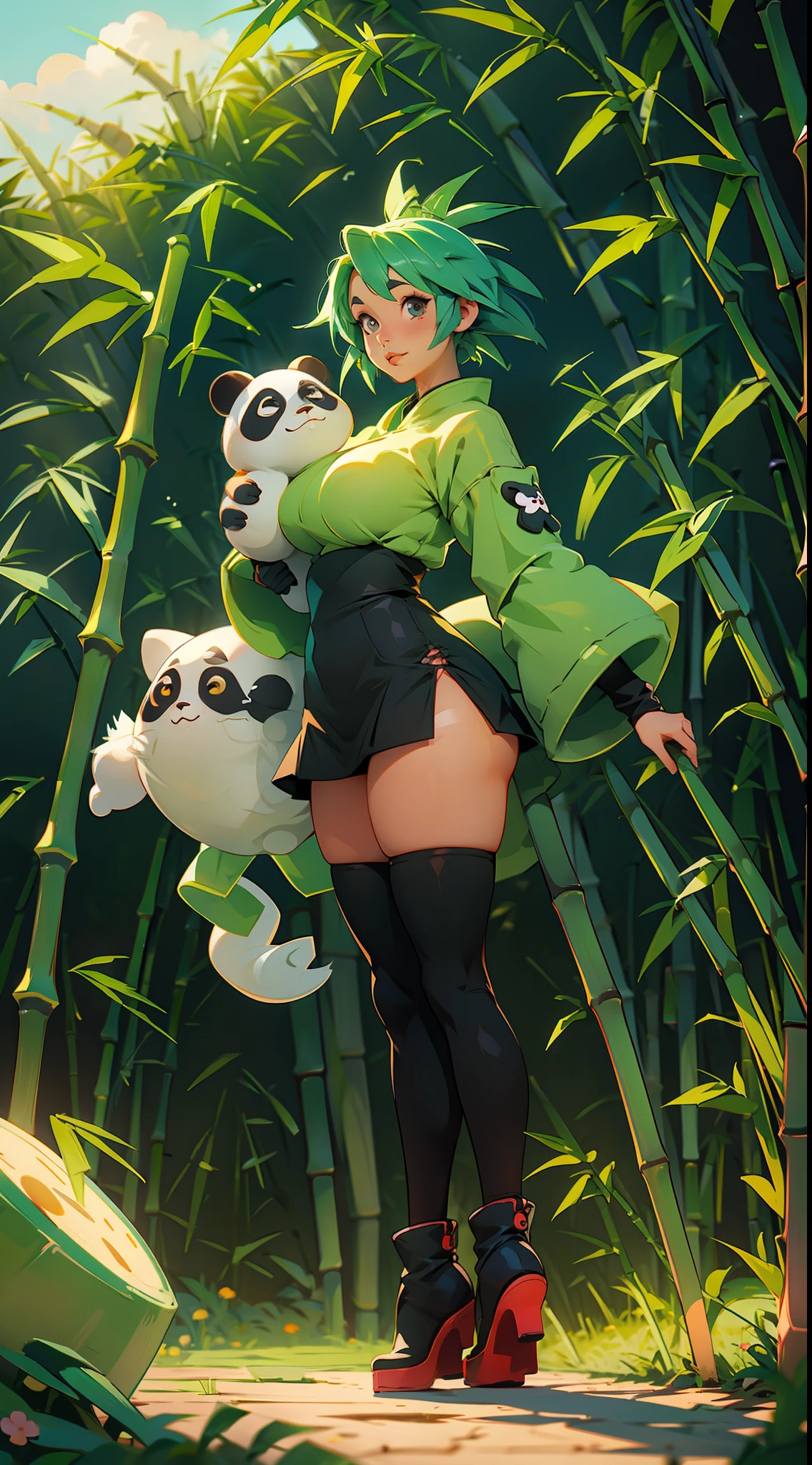 anime waifu panda, plush clothes, big boots, perfect body, huge breasts , (((background a garden bamboo)))