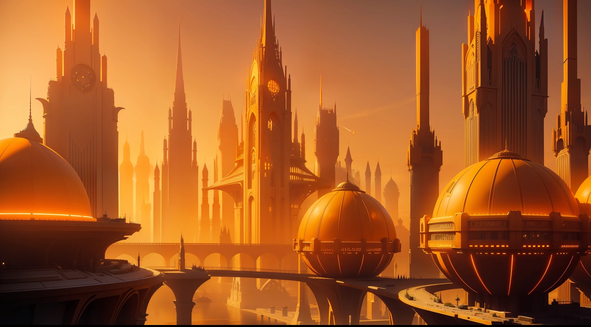 Below the golden orange sky, on Planet Gallifrey, a futuristic golden orange neo-Gothic city with circular and neo-Gothic towers filled with modern golden orange bridges. Realistic, orange ambient lighting, (high quality: 0.6), (minimum details: 0.8), rendered, intricate lighting, landscapes, cinematic, fantasy, digital art, Futuristic Medieval City, A kind of futuristic orange city in the sky, with bridges running in and out of towers.