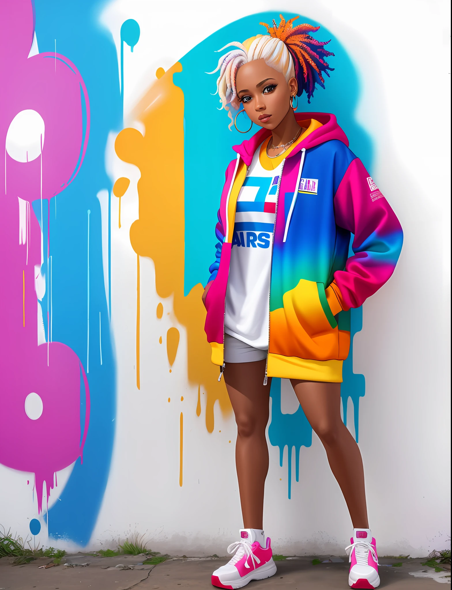 Graffiti painting, street art, 32k extremely detailed CG unit wallpaper, 32k landscape, artwork, masterpiece, best quality, amazing light brushstrokes, of a 24 year old African American girl with platinum hair in graffiti style on a white wall with vibrant colors.