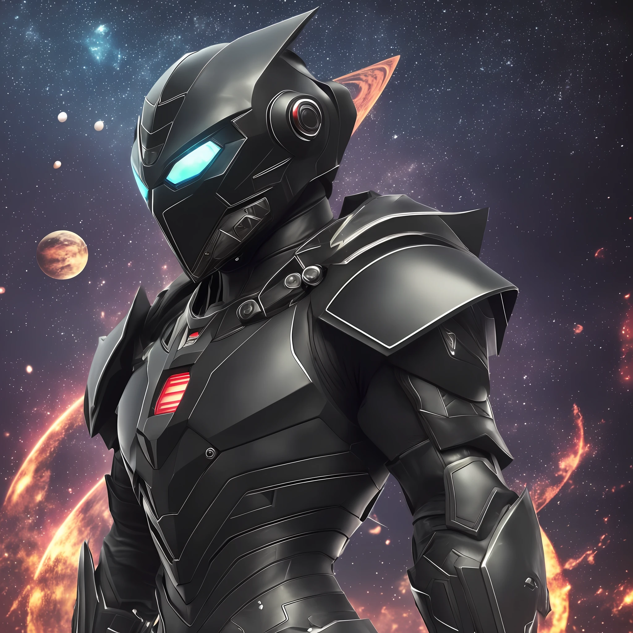 ((A person in a very dark black suit, Kamen rider Ryuga style) 1.5), ((sharp black armor, stealth armor) 1.3), Tokusatsu, Dark, ((Environment: Outer space with planet in the background) 1.4), UHD, 16K, ((armored uniform) 1.5) --auto --s2